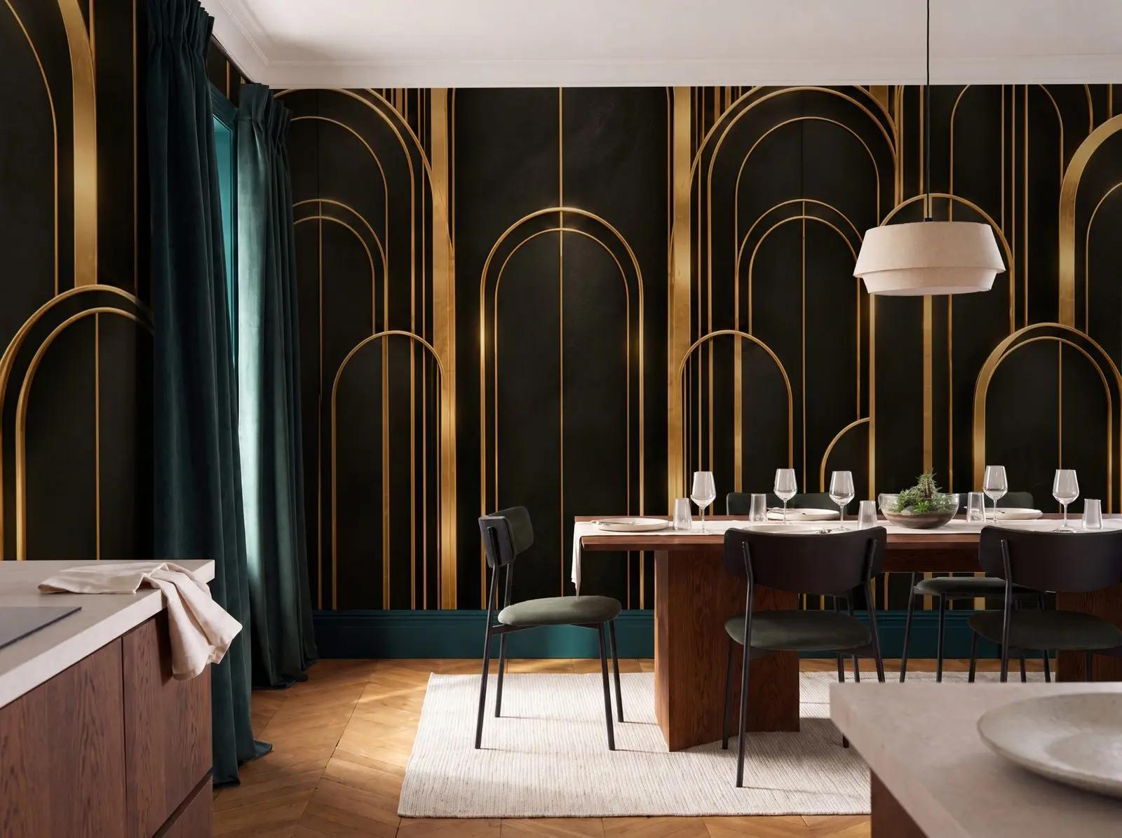 Art Deco Black Wallpaper Mural with Gold Arches
