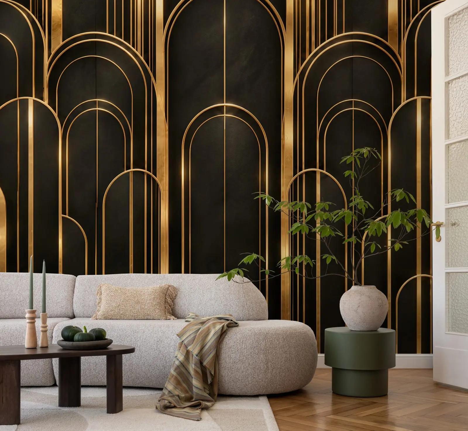 Art Deco Black Wallpaper Mural with Gold Arches