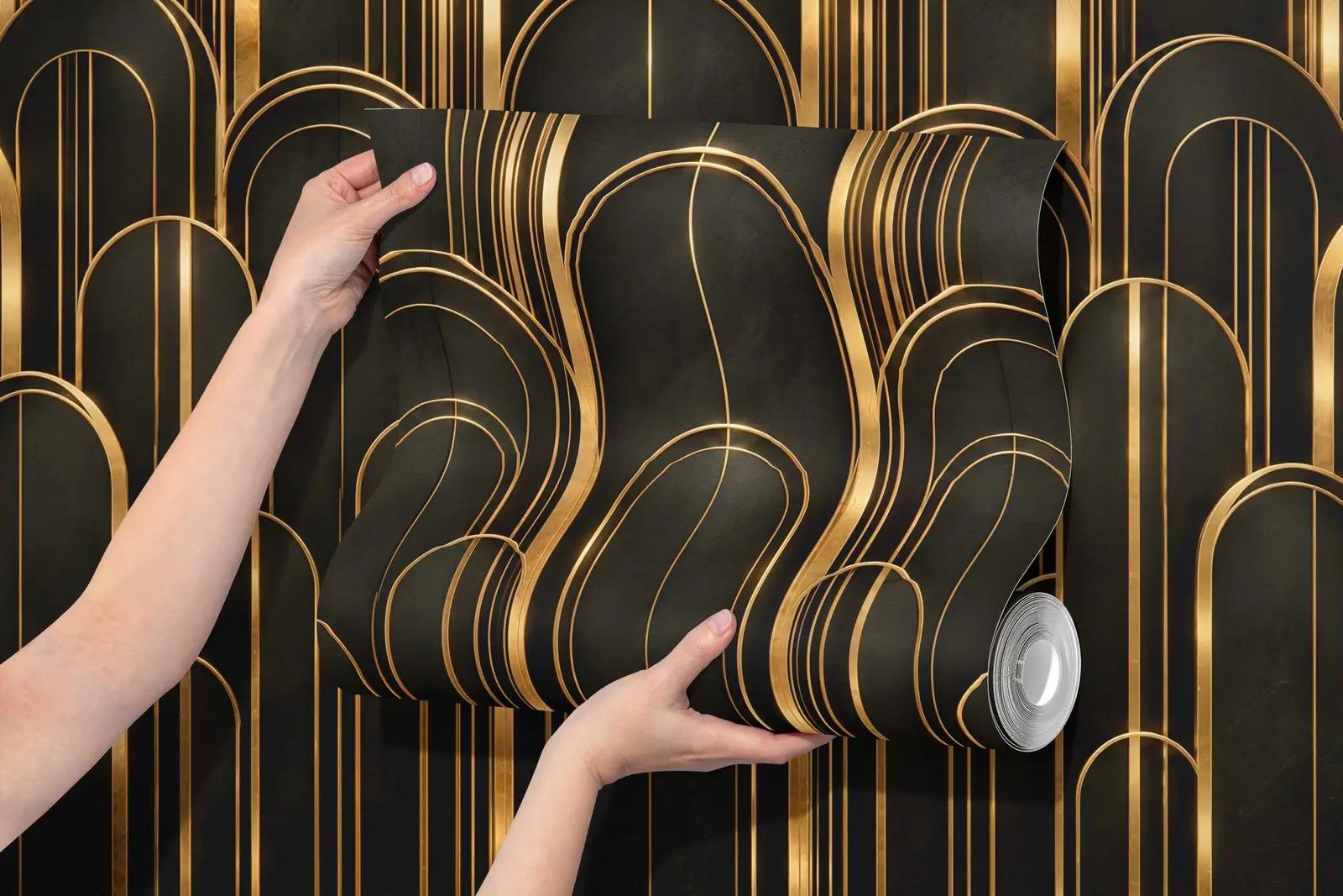 Art Deco Black Wallpaper Mural with Gold Arches