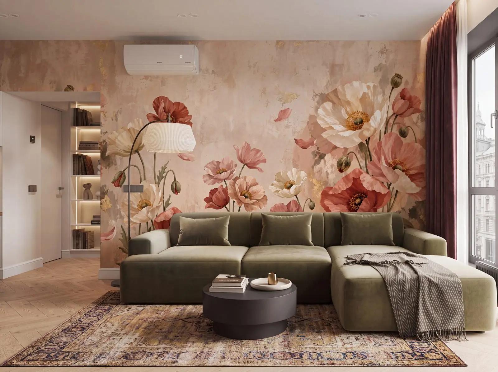Romantic Wallpaper Mural with Oil Painted Poppies