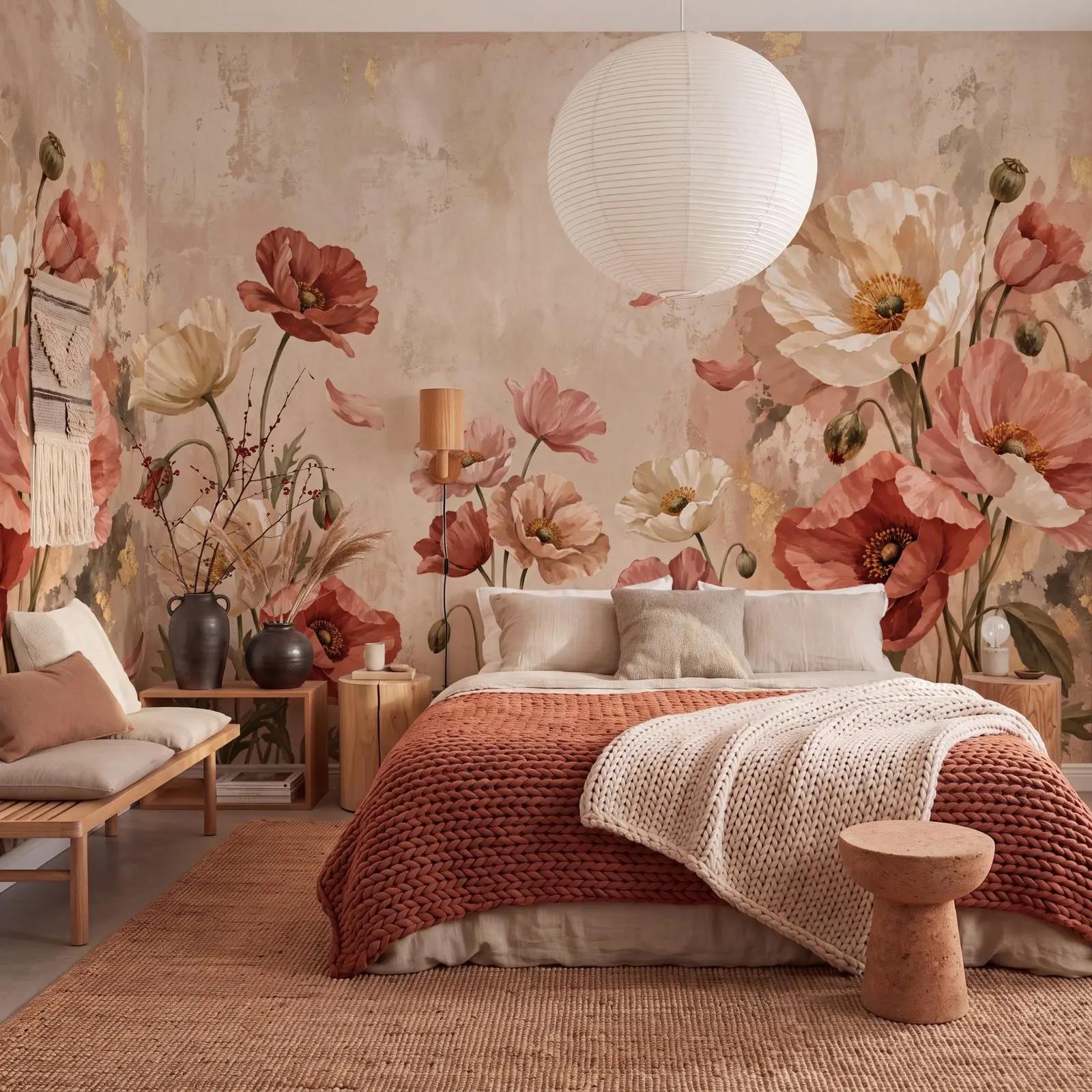 Romantic Wallpaper Mural with Oil Painted Poppies