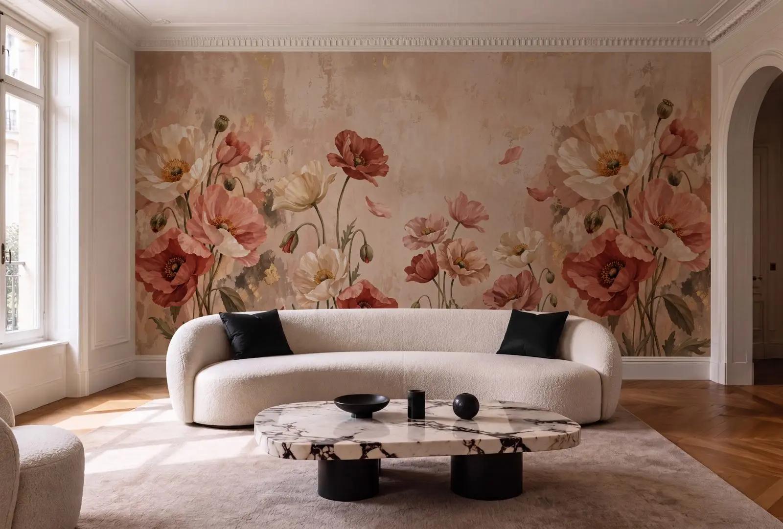 Romantic Wallpaper Mural with Oil Painted Poppies