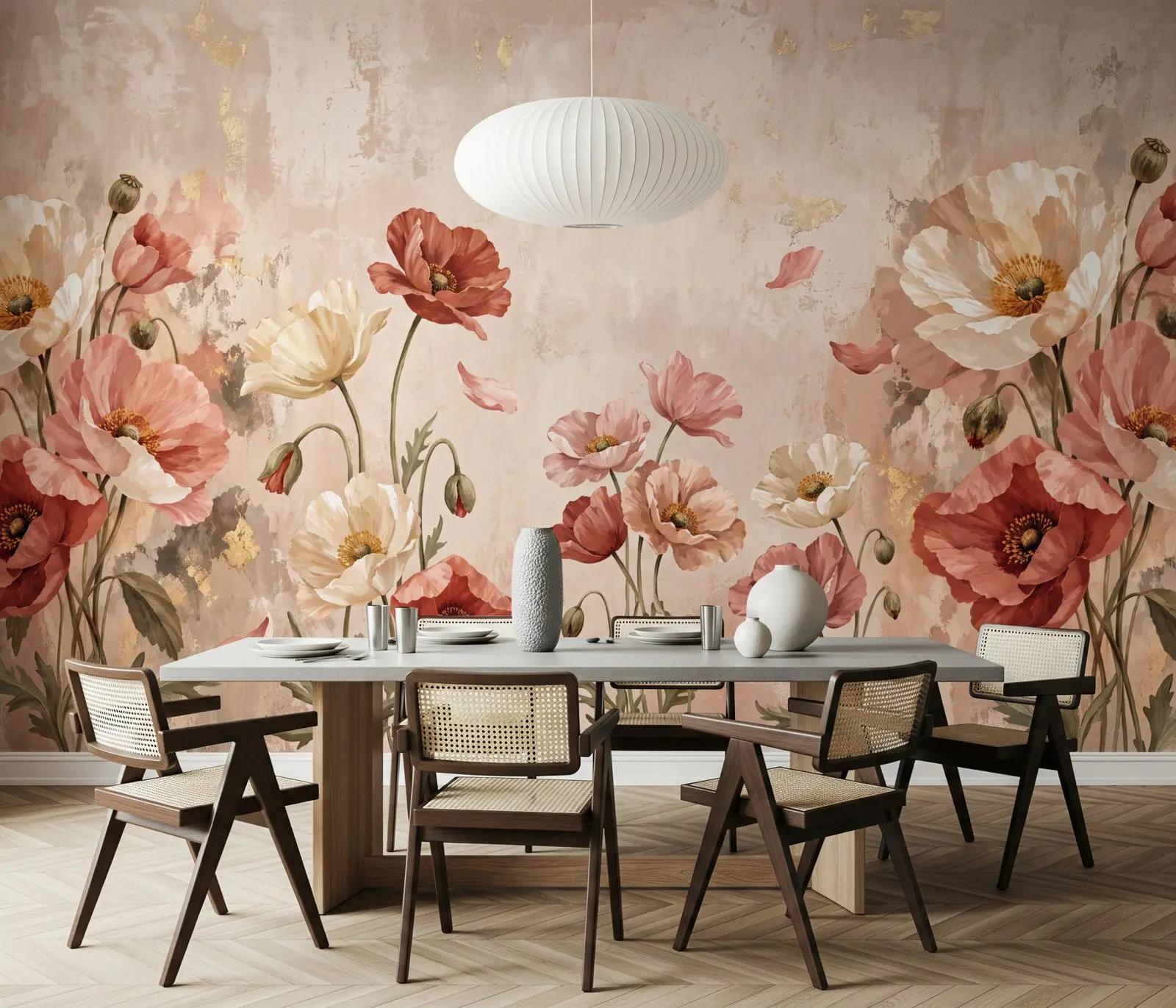 Romantic Wallpaper Mural with Oil Painted Poppies