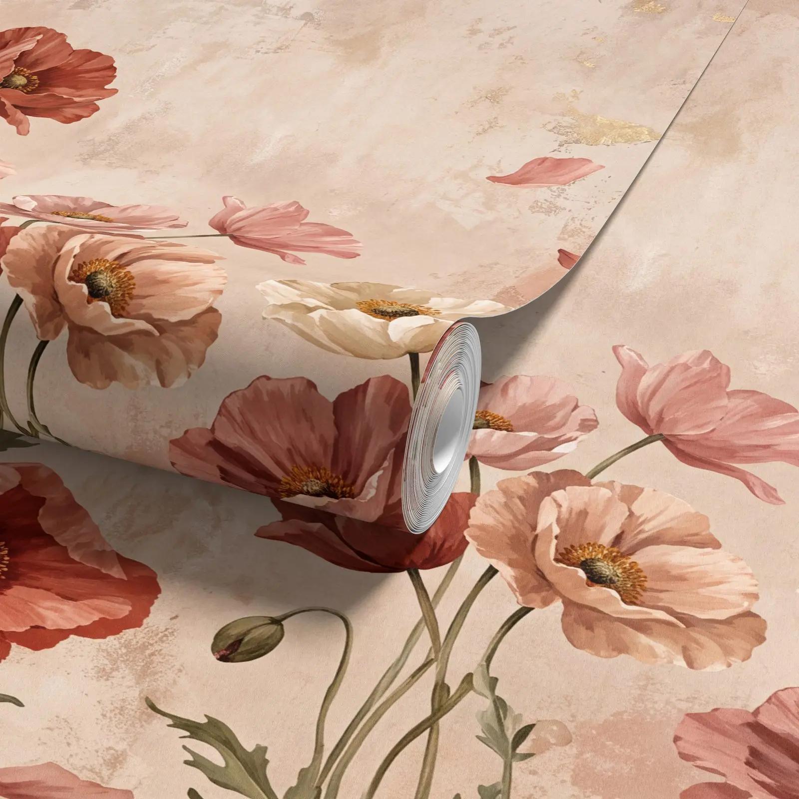 Romantic Wallpaper Mural with Oil Painted Poppies