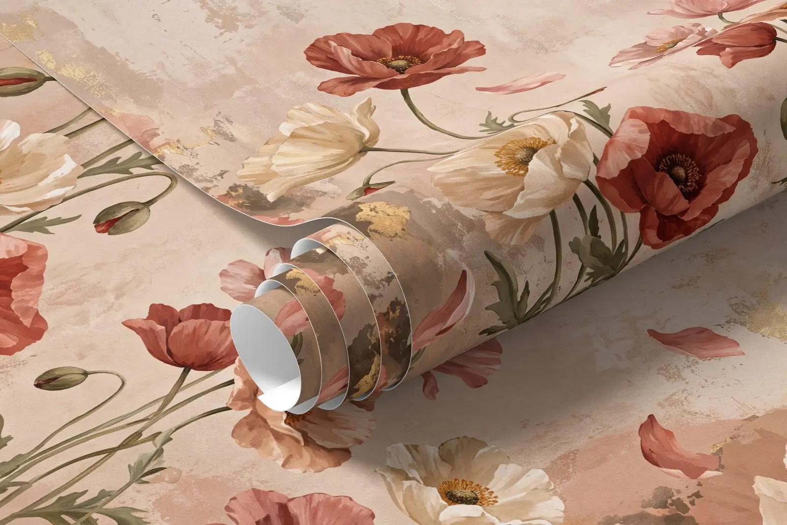 Romantic Wallpaper Mural with Oil Painted Poppies