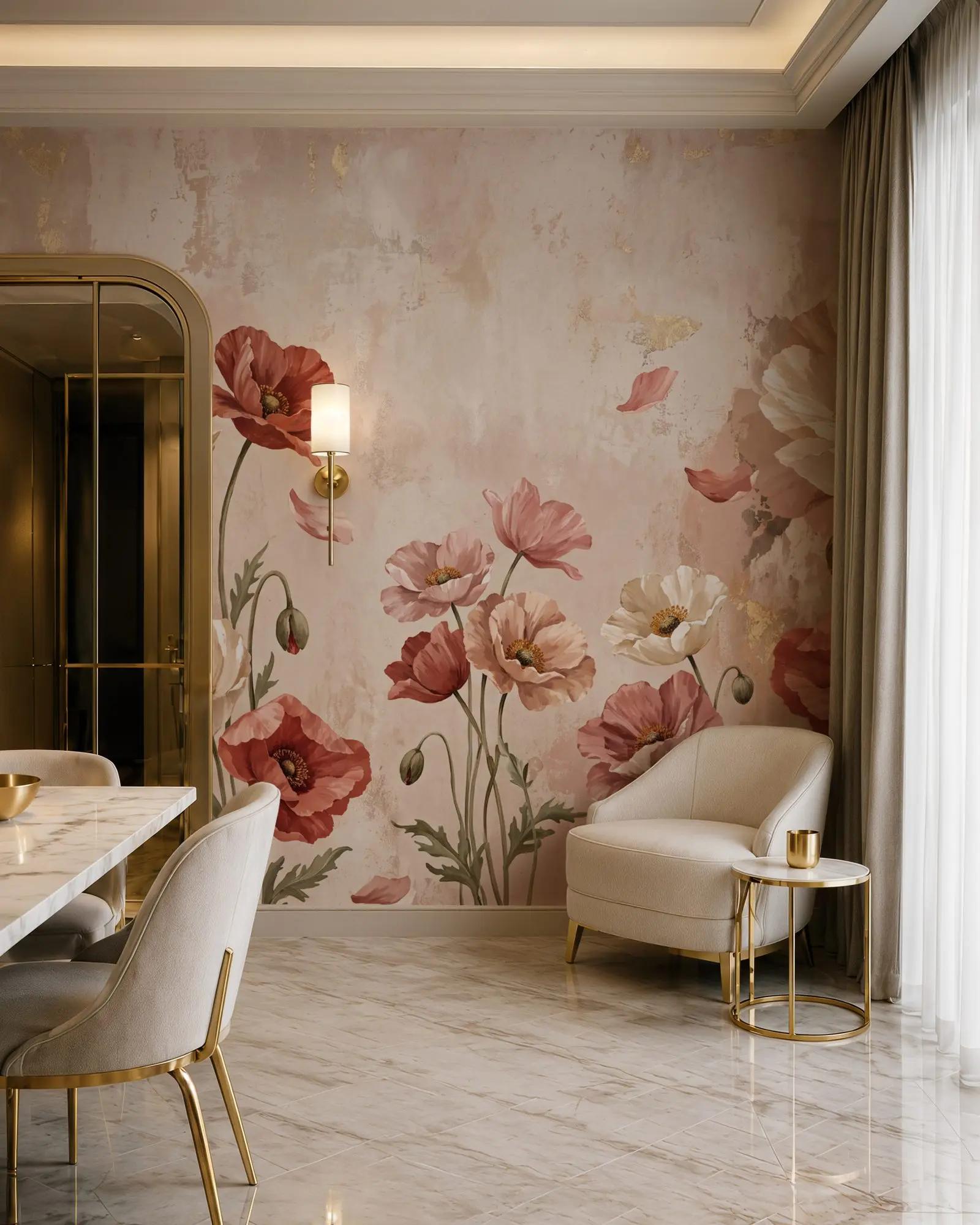 Romantic Wallpaper Mural with Oil Painted Poppies