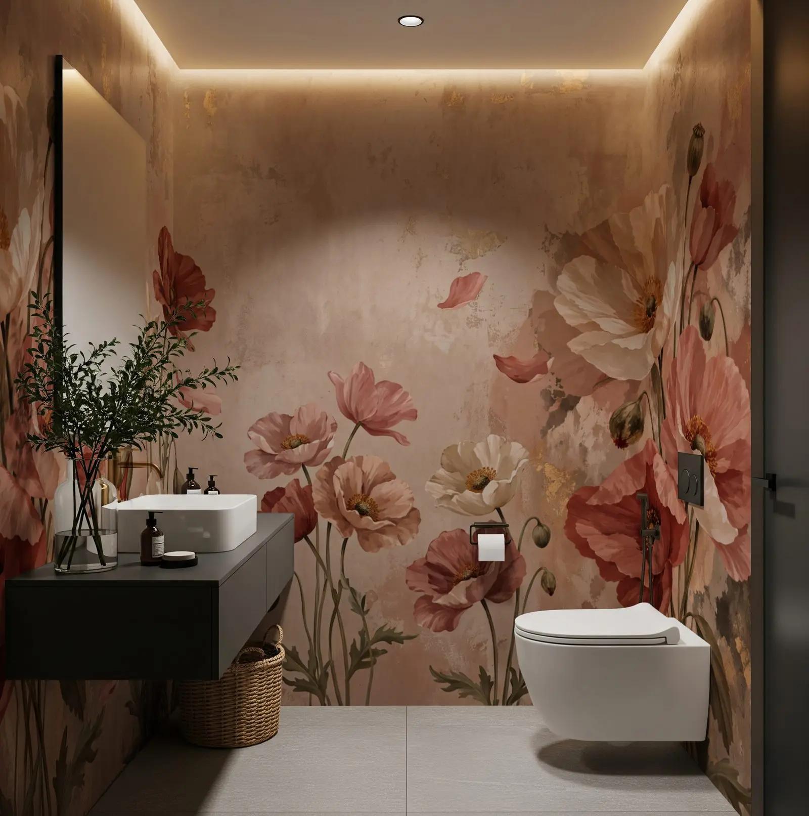 Romantic Wallpaper Mural with Oil Painted Poppies