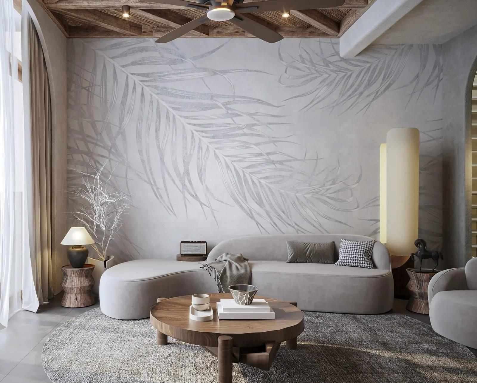 Pale Grey Palm Leaf Wallpaper Mural
