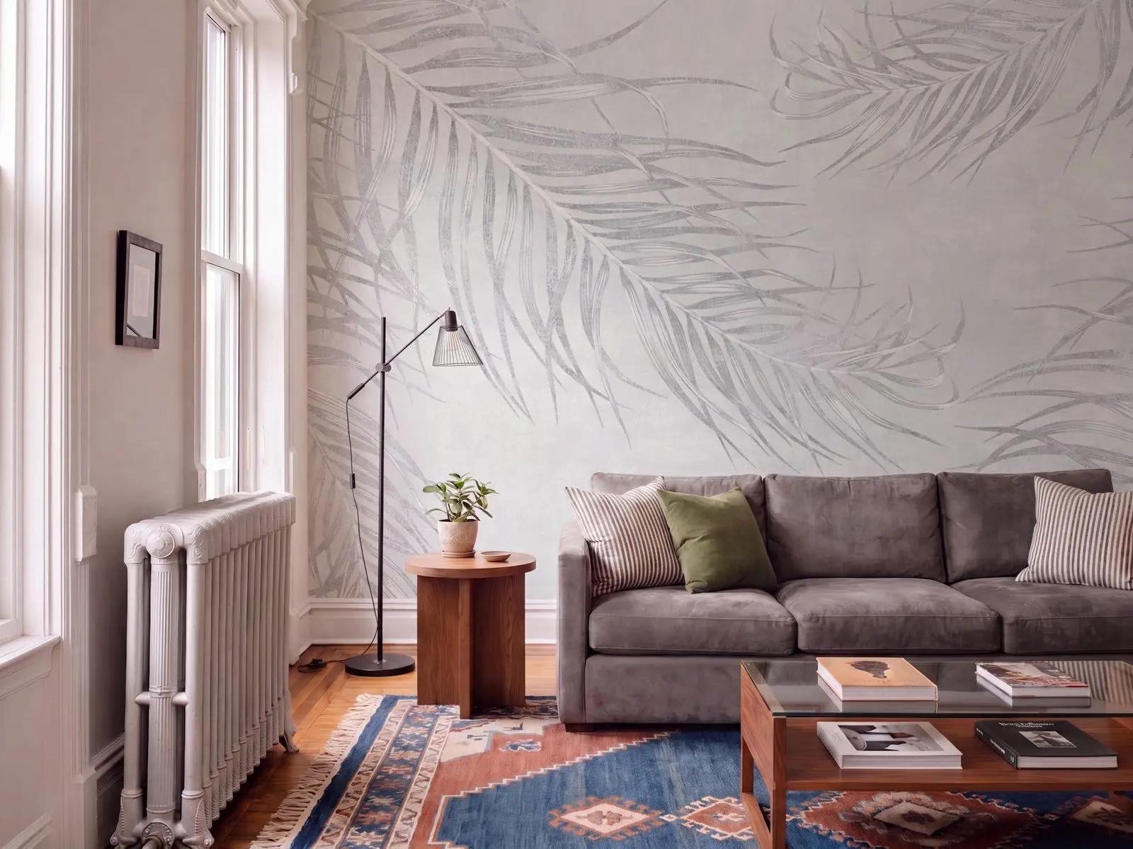 Pale Grey Palm Leaf Wallpaper Mural