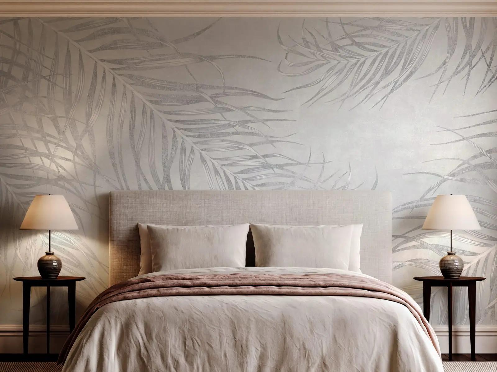Pale Grey Palm Leaf Wallpaper Mural