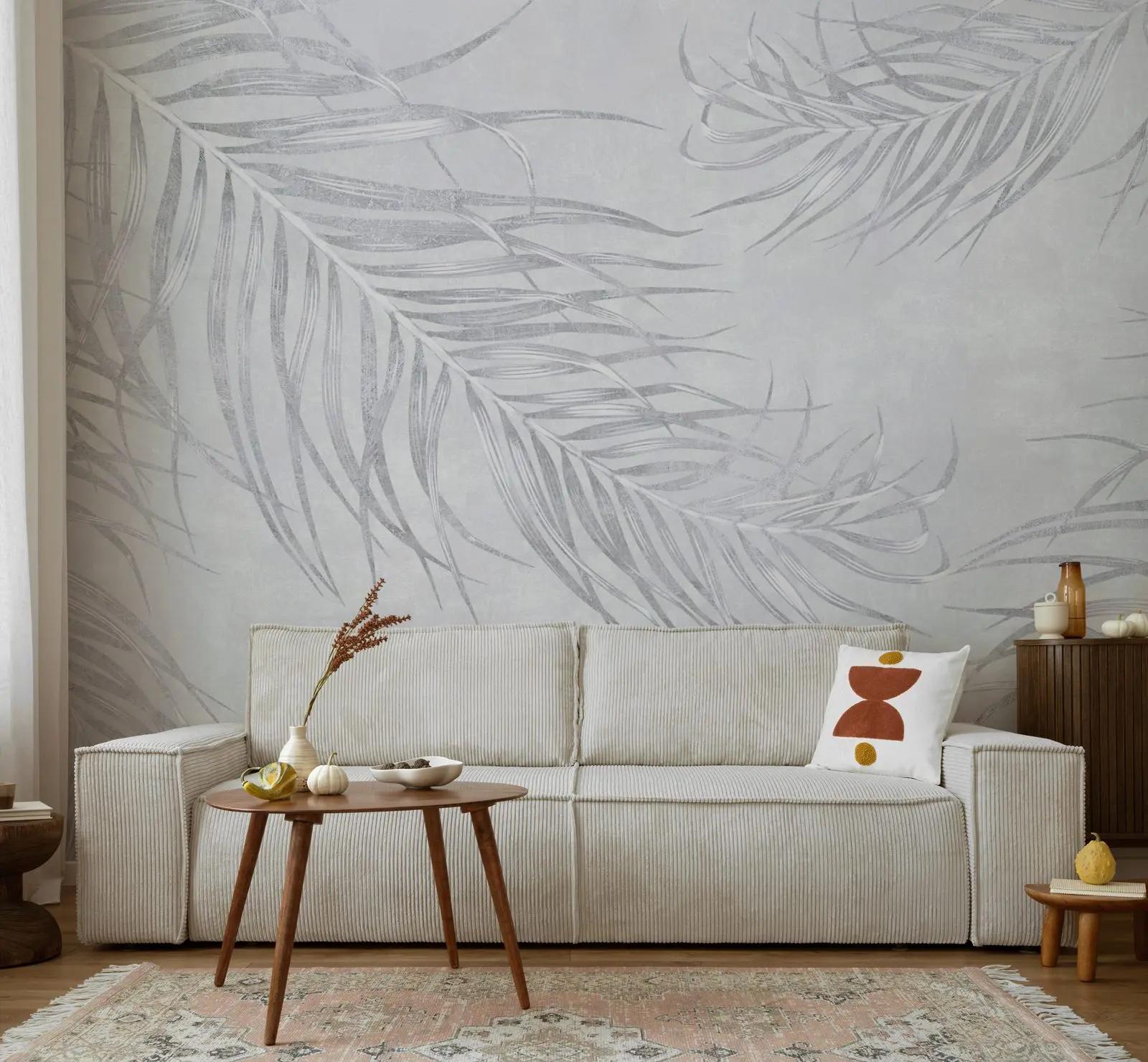 Pale Grey Palm Leaf Wallpaper Mural