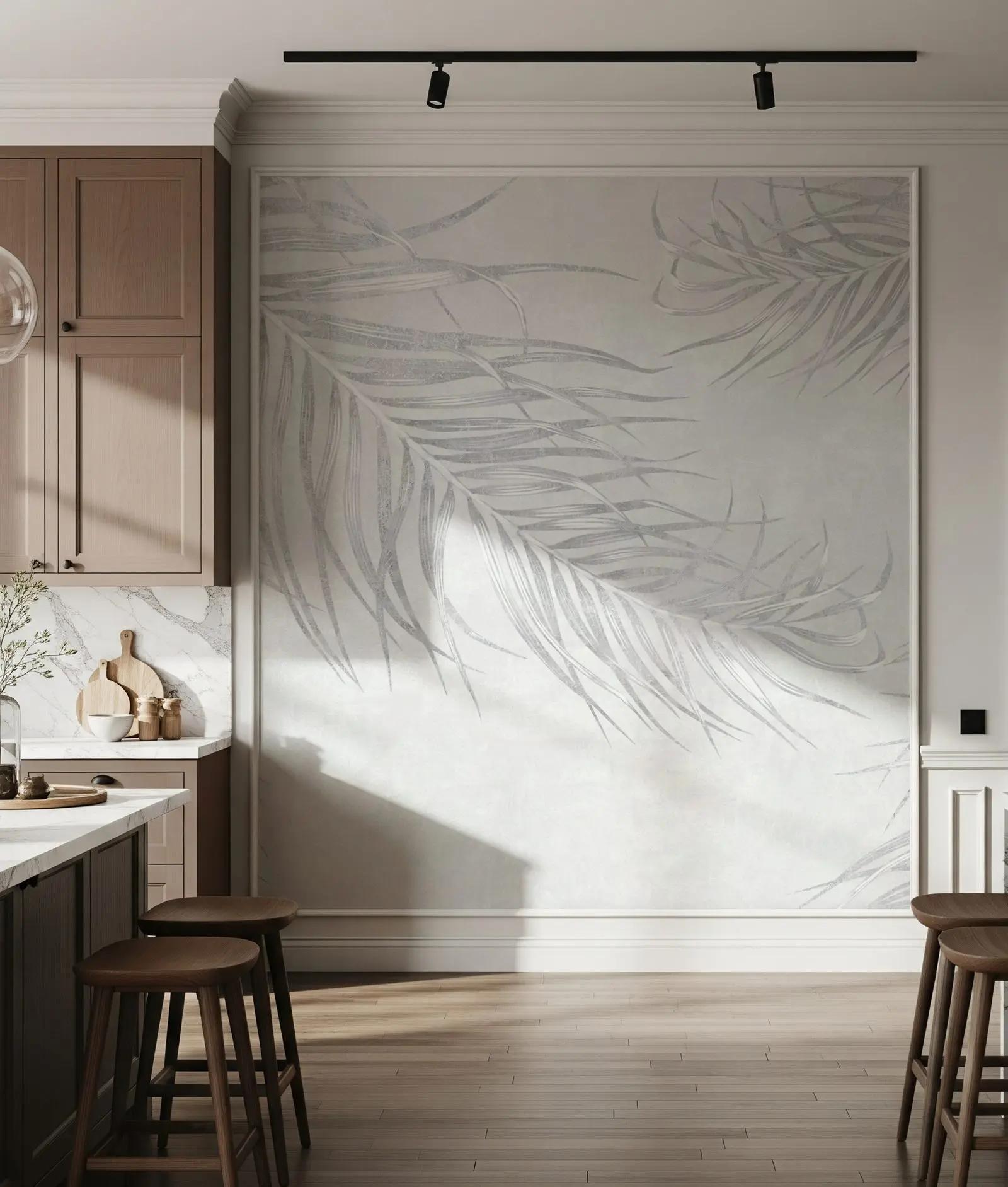 Pale Grey Palm Leaf Wallpaper Mural