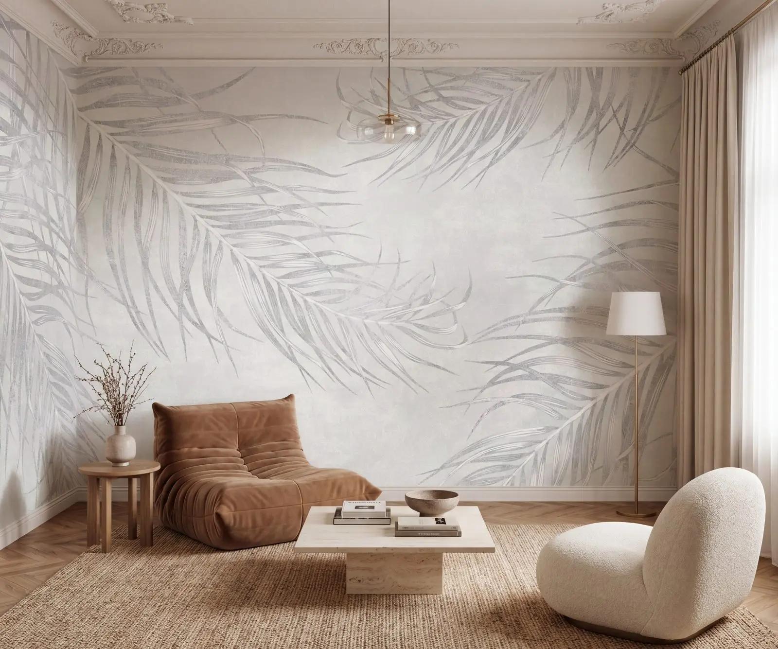 Pale Grey Palm Leaf Wallpaper Mural
