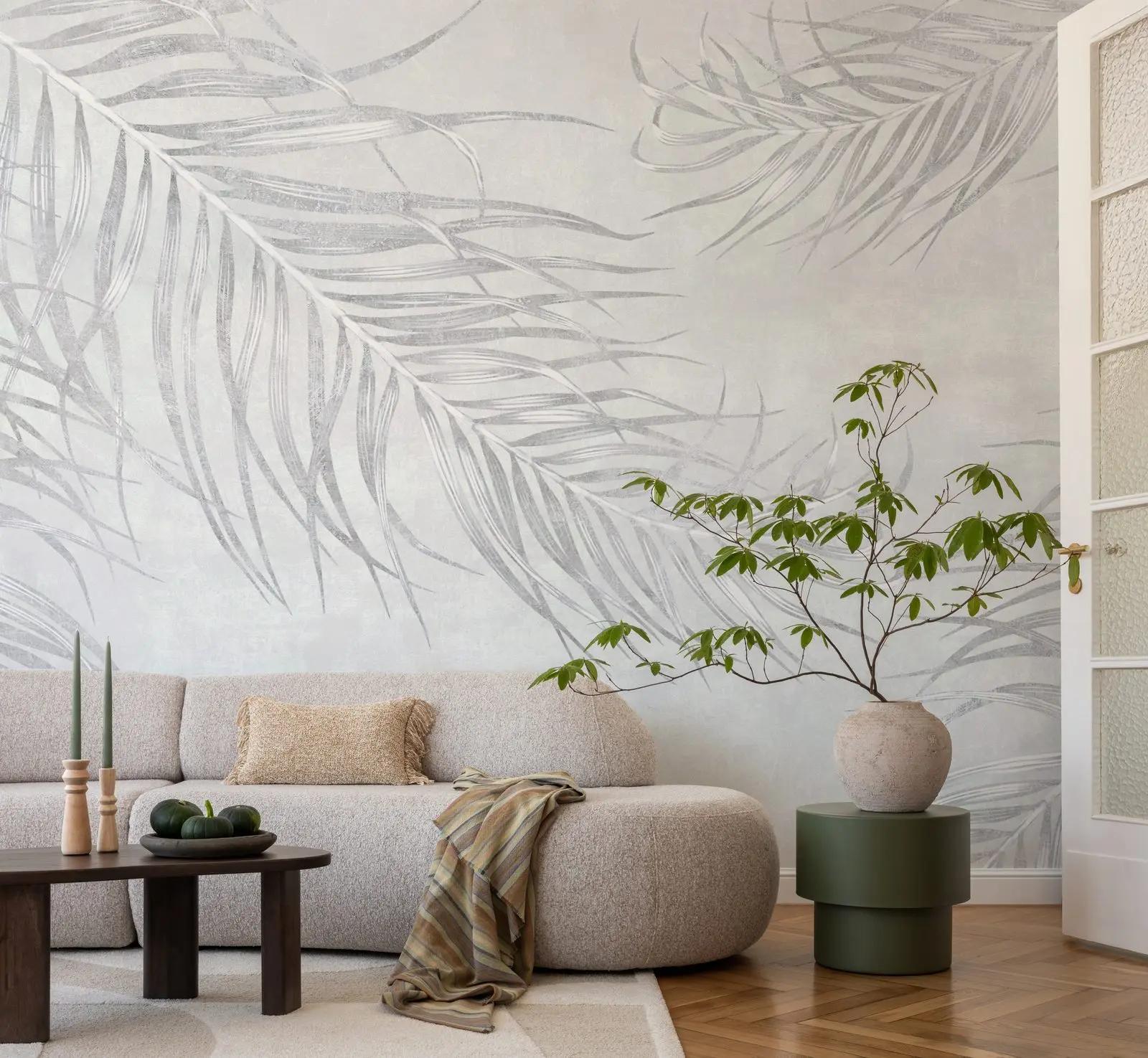 Pale Grey Palm Leaf Wallpaper Mural