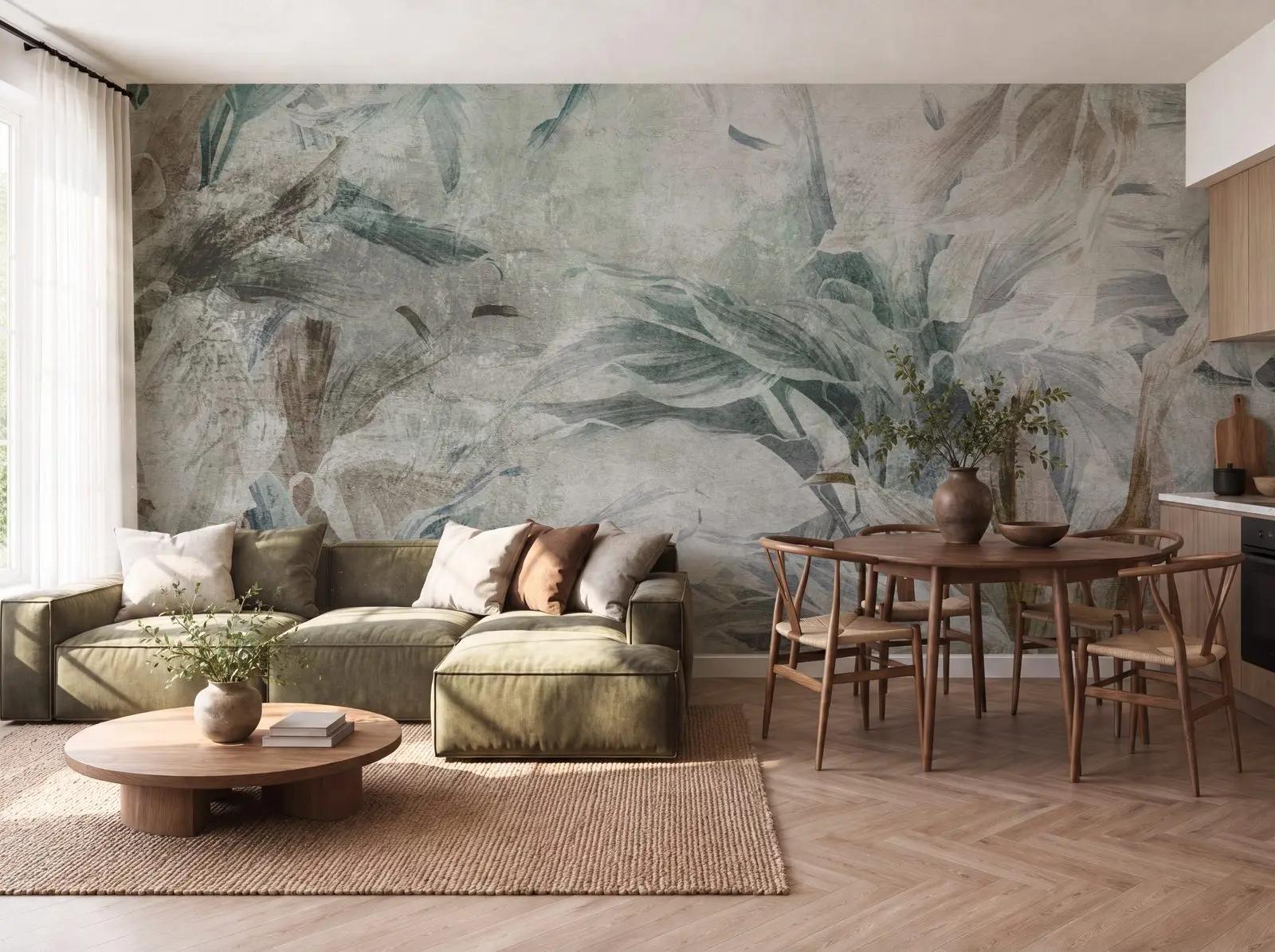 Nature Wallpaper Mural with Sage Botanical Leaves