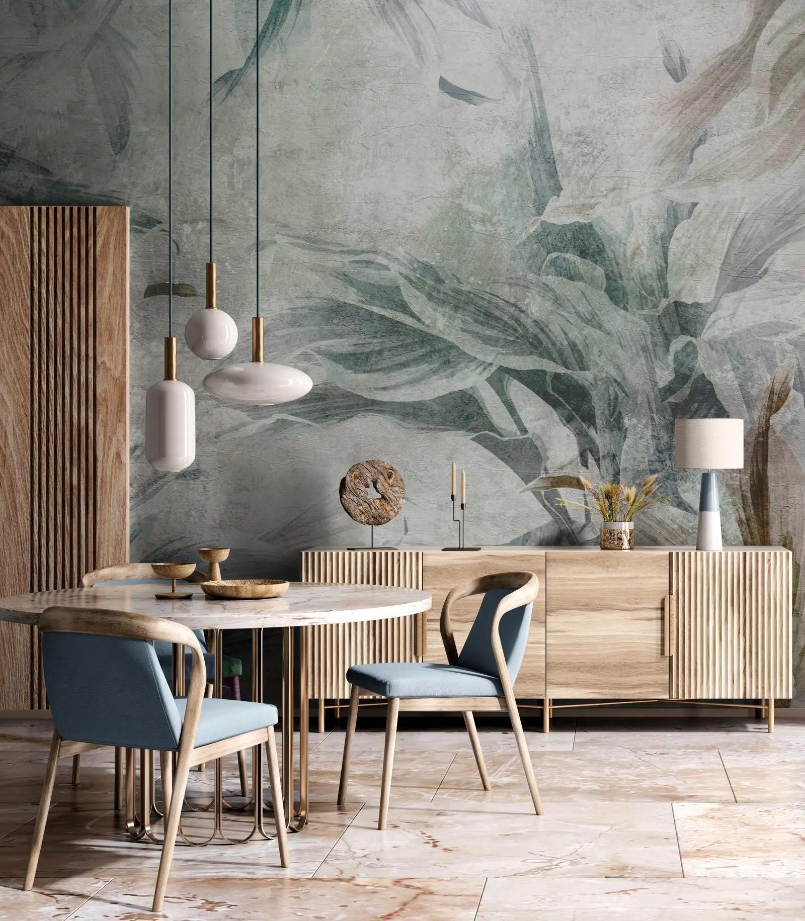 Nature Wallpaper Mural with Sage Botanical Leaves