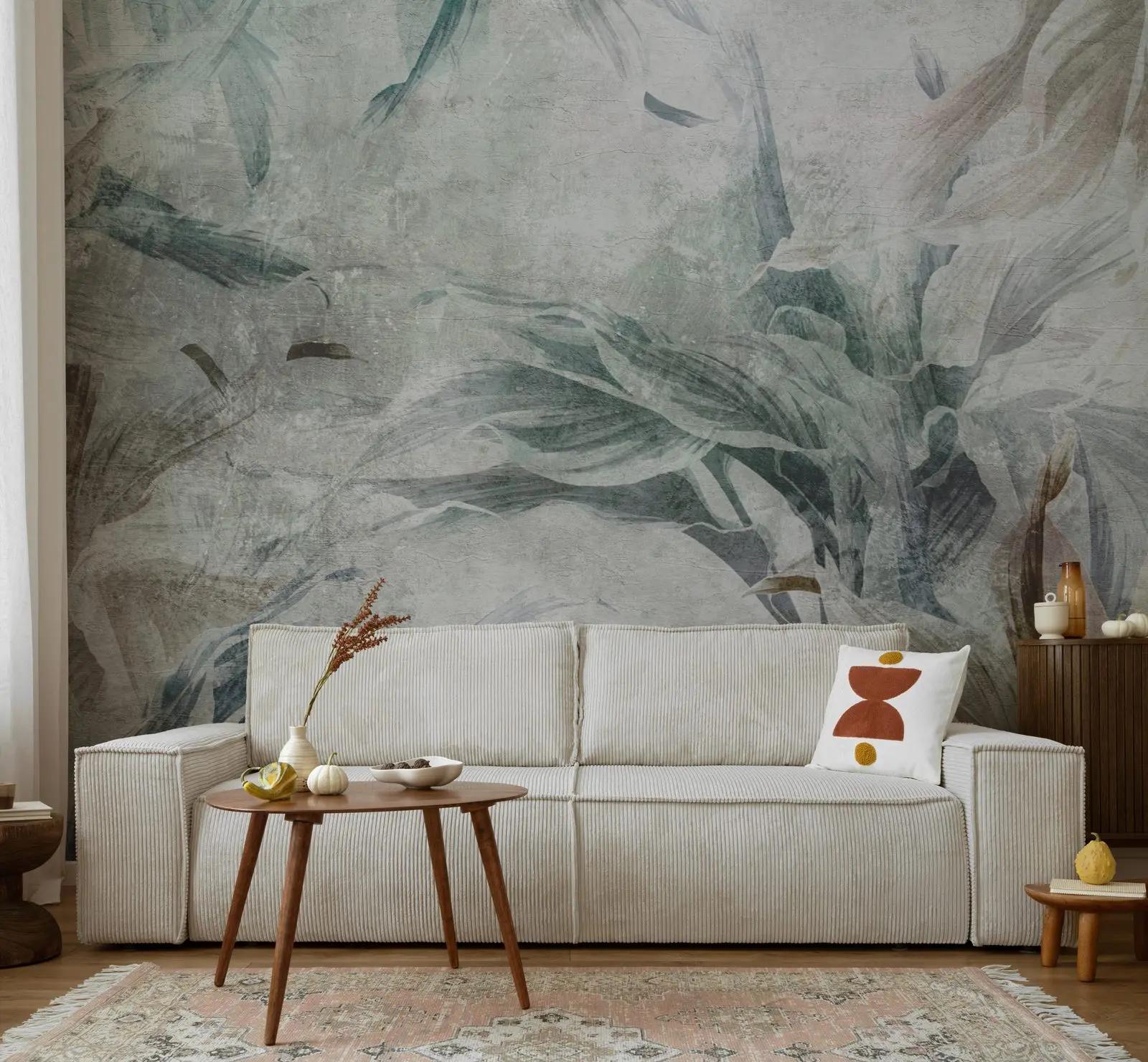 Nature Wallpaper Mural with Sage Botanical Leaves