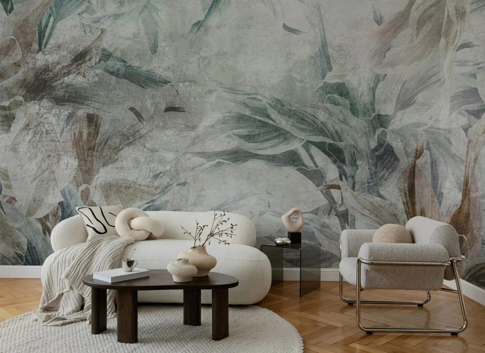 Nature Wallpaper Mural with Sage Botanical Leaves