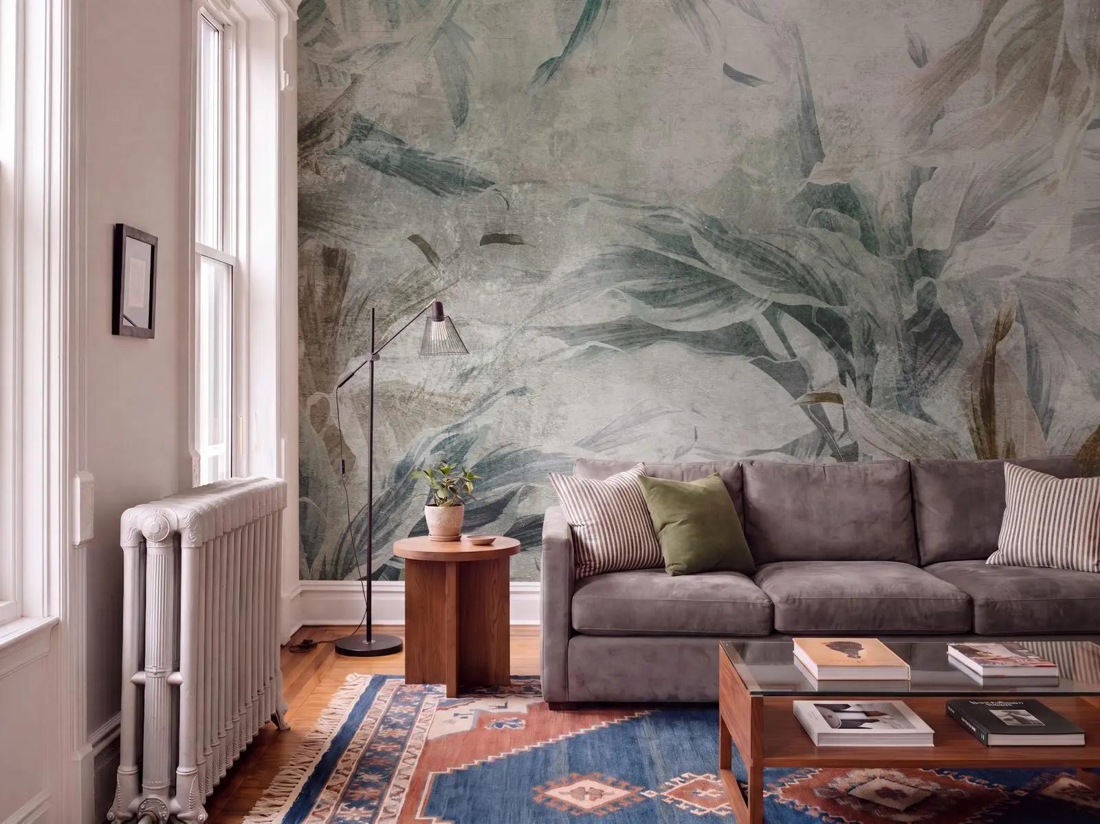Nature Wallpaper Mural with Sage Botanical Leaves