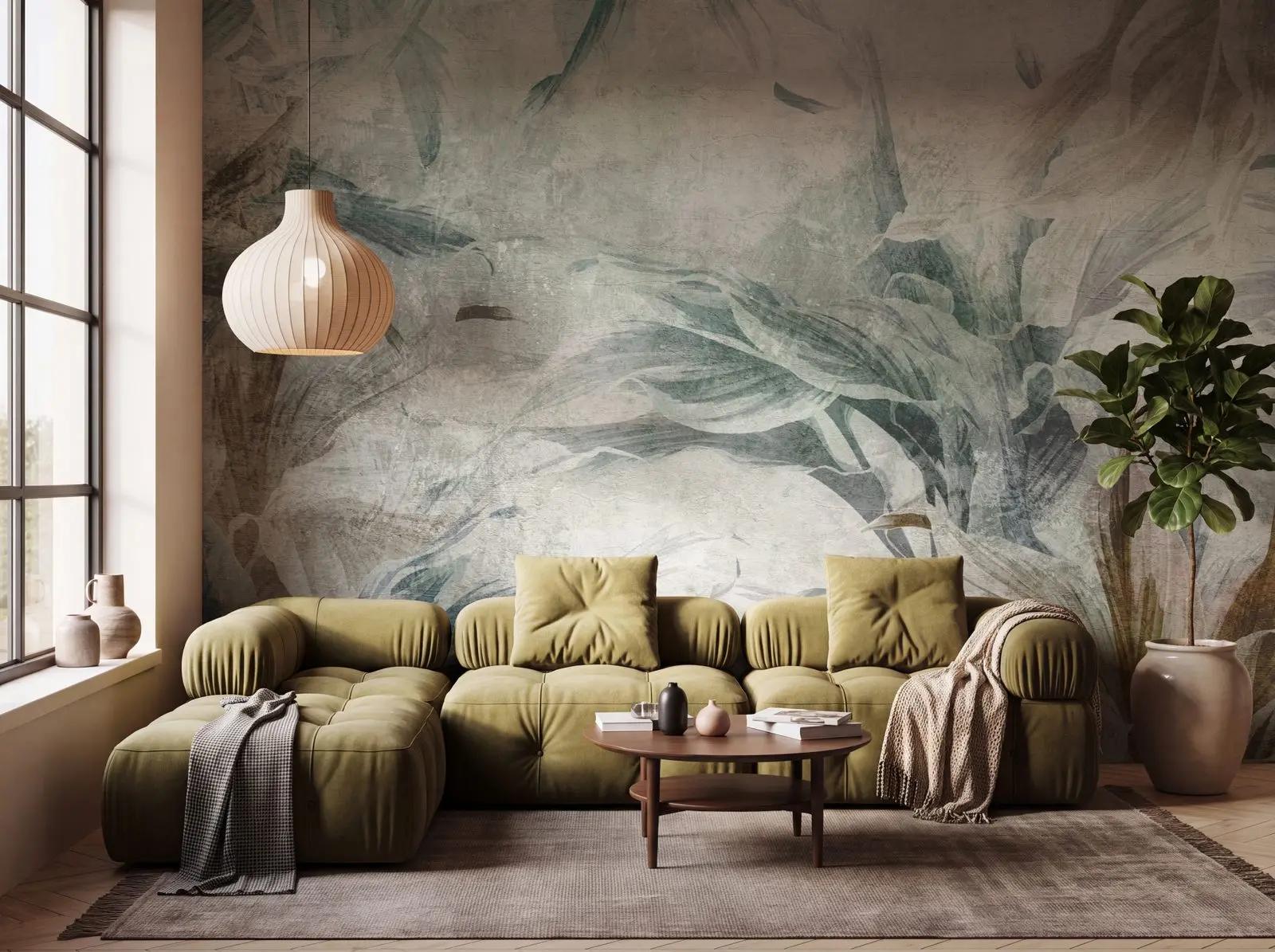 Nature Wallpaper Mural with Sage Botanical Leaves