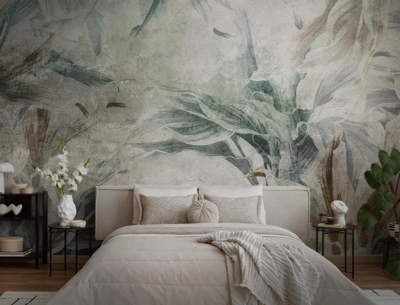 Nature Wallpaper Mural with Sage Botanical Leaves