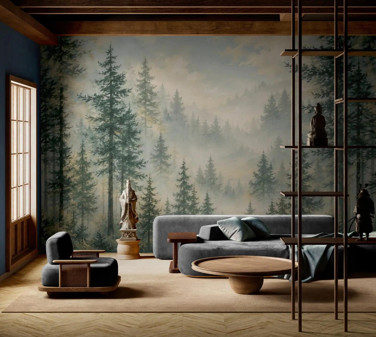 Misty Conifer Forest Wallpaper Mural New