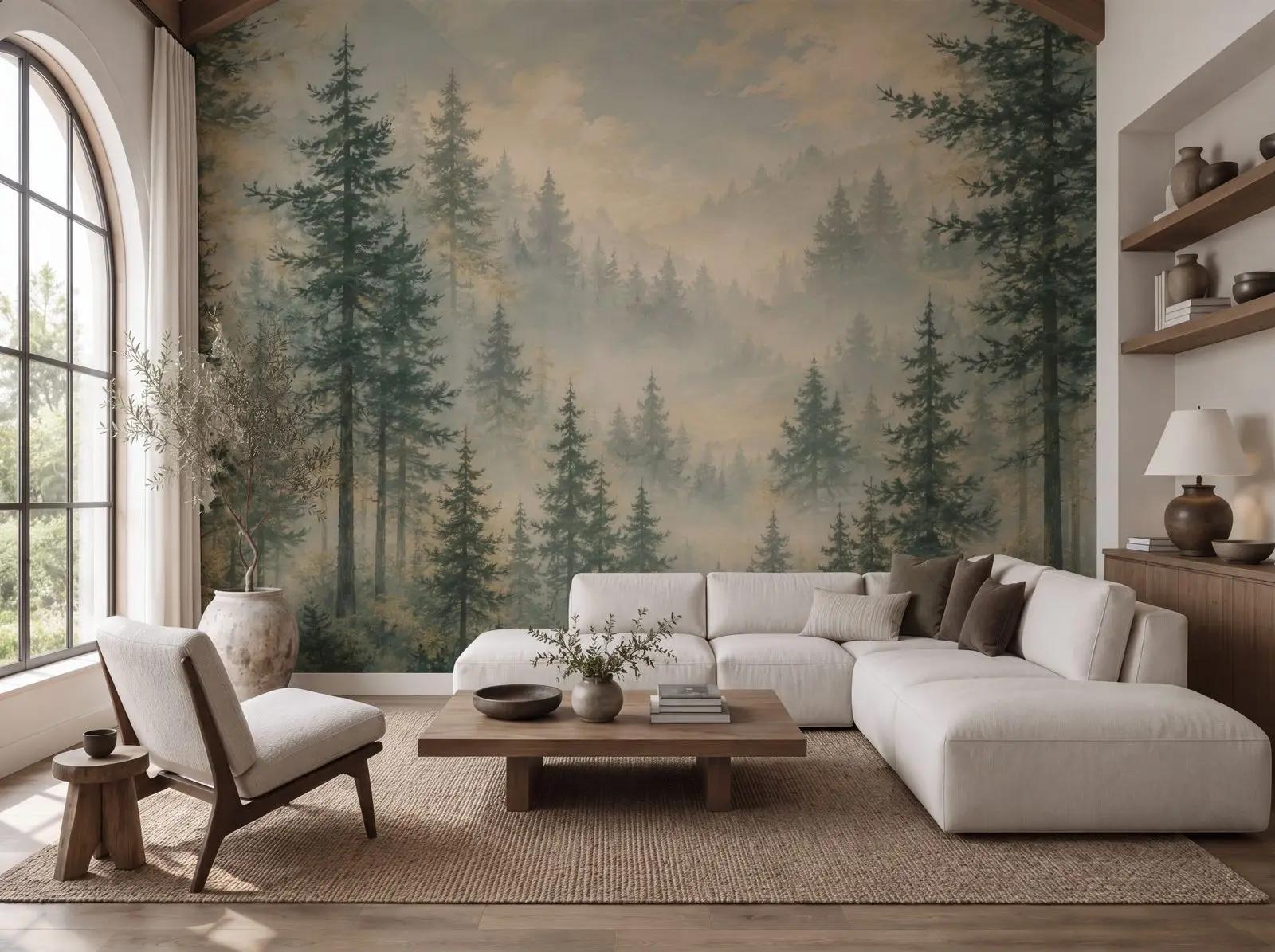 Misty Conifer Forest Wallpaper Mural New
