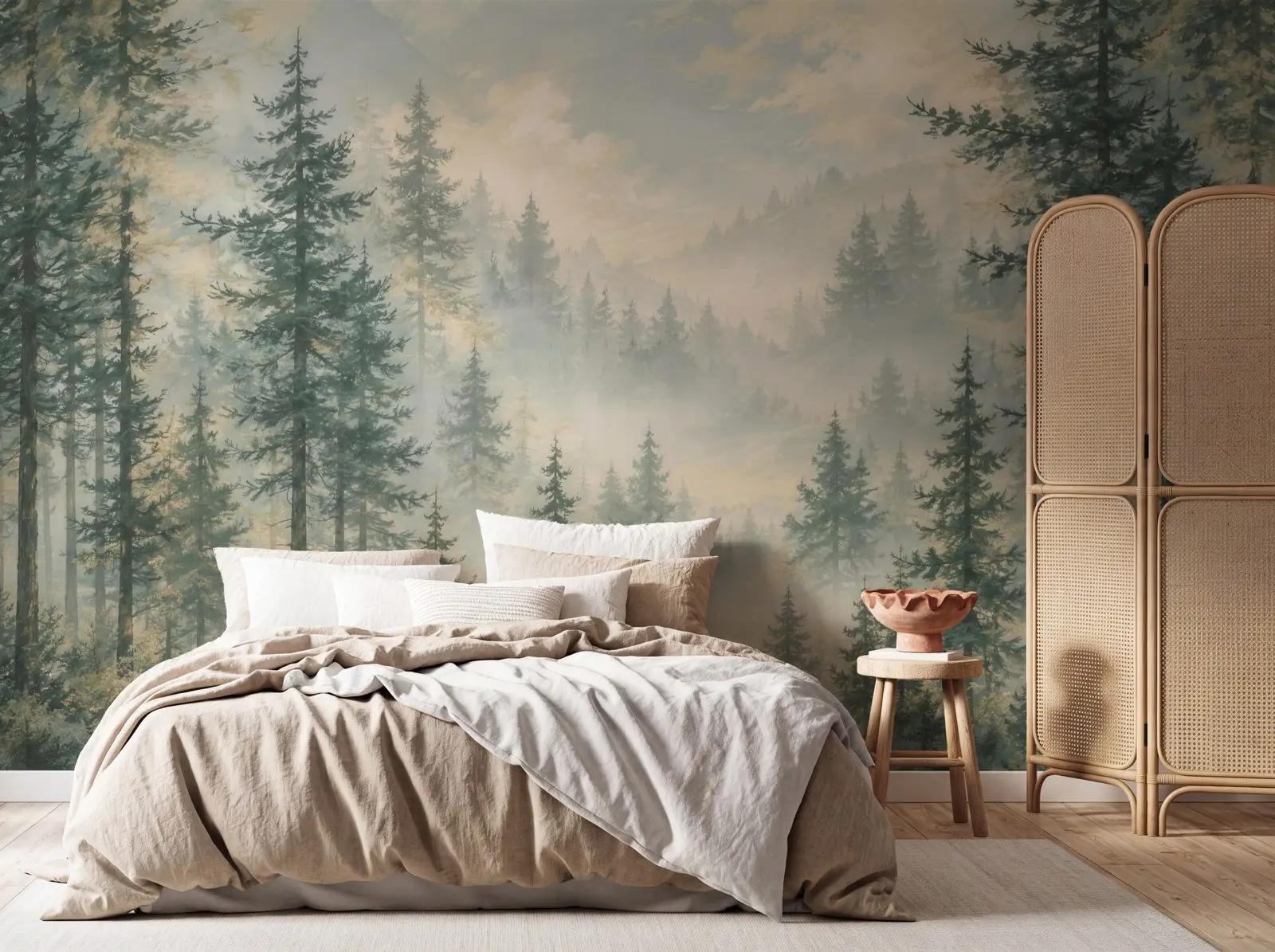 Misty Conifer Forest Wallpaper Mural New