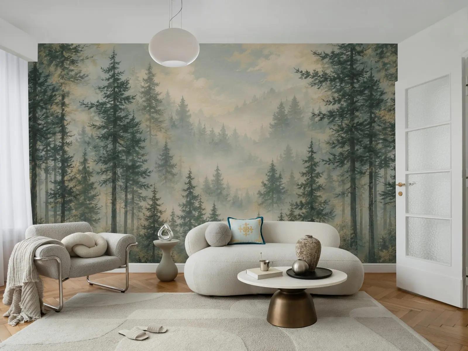 Misty Conifer Forest Wallpaper Mural New
