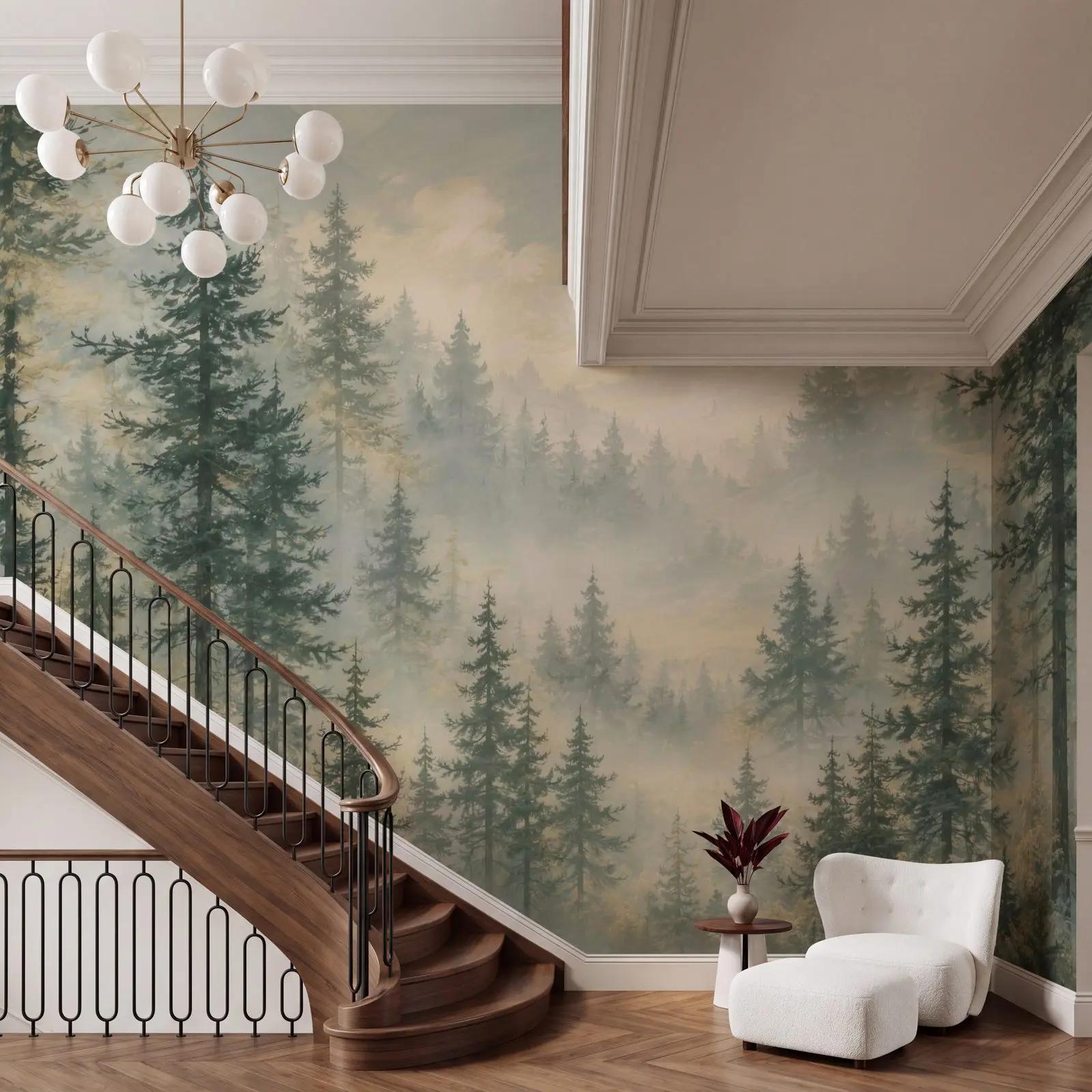 Misty Conifer Forest Wallpaper Mural New