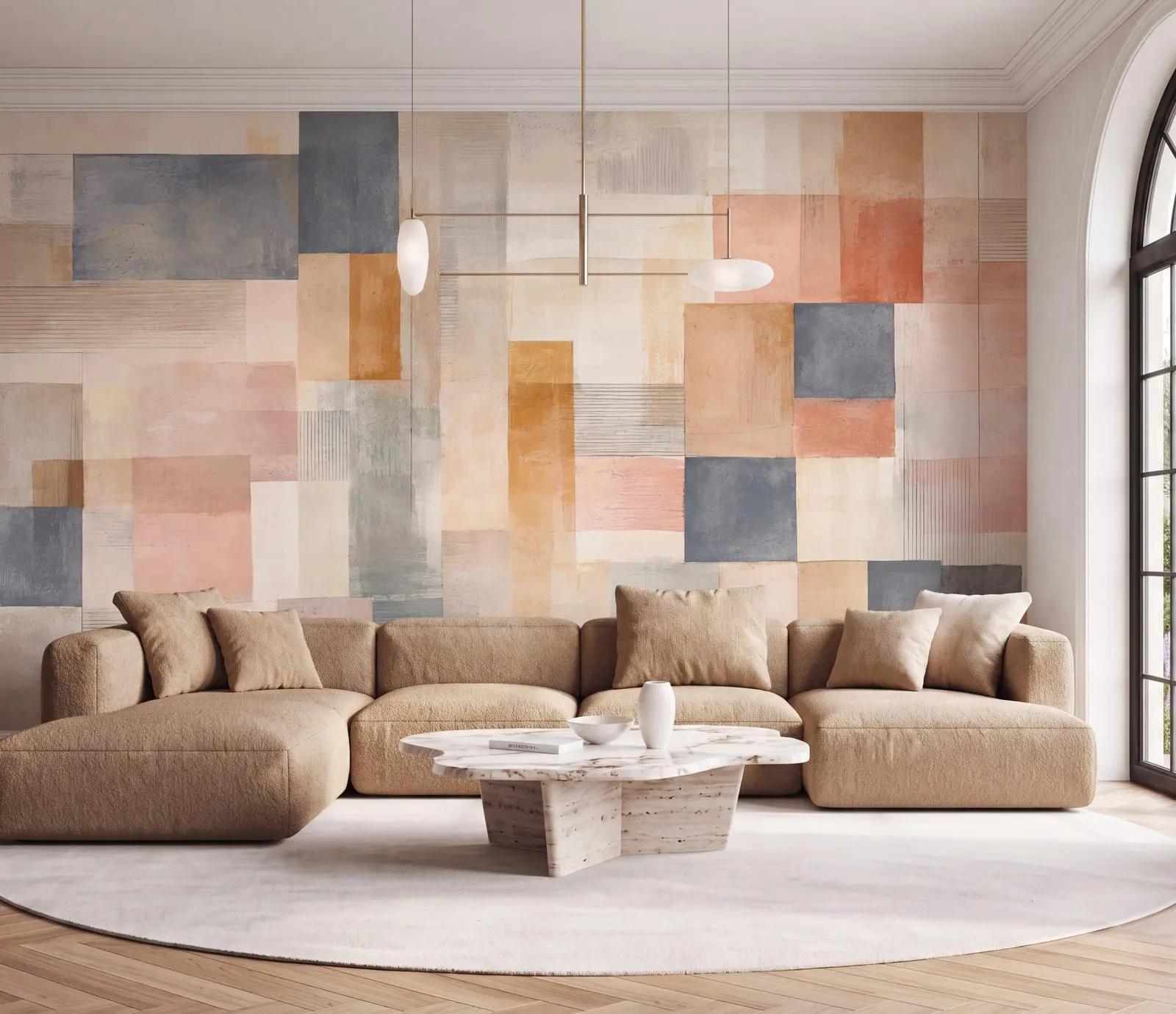 Textured Geometric Wallpaper in Blush and Ochre