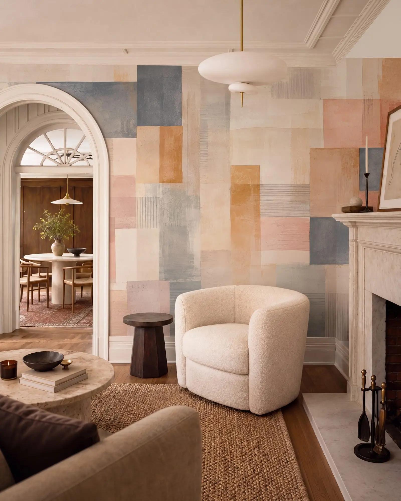 Textured Geometric Wallpaper in Blush and Ochre