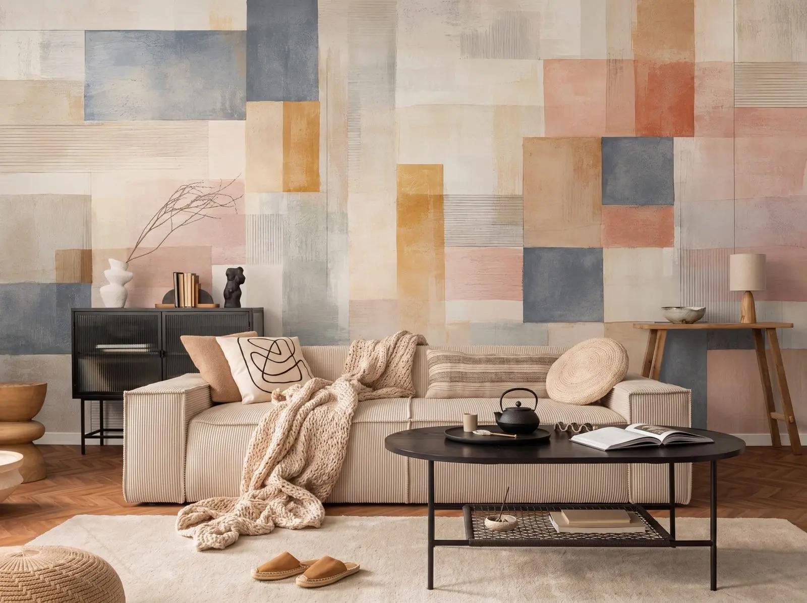 Textured Geometric Wallpaper in Blush and Ochre