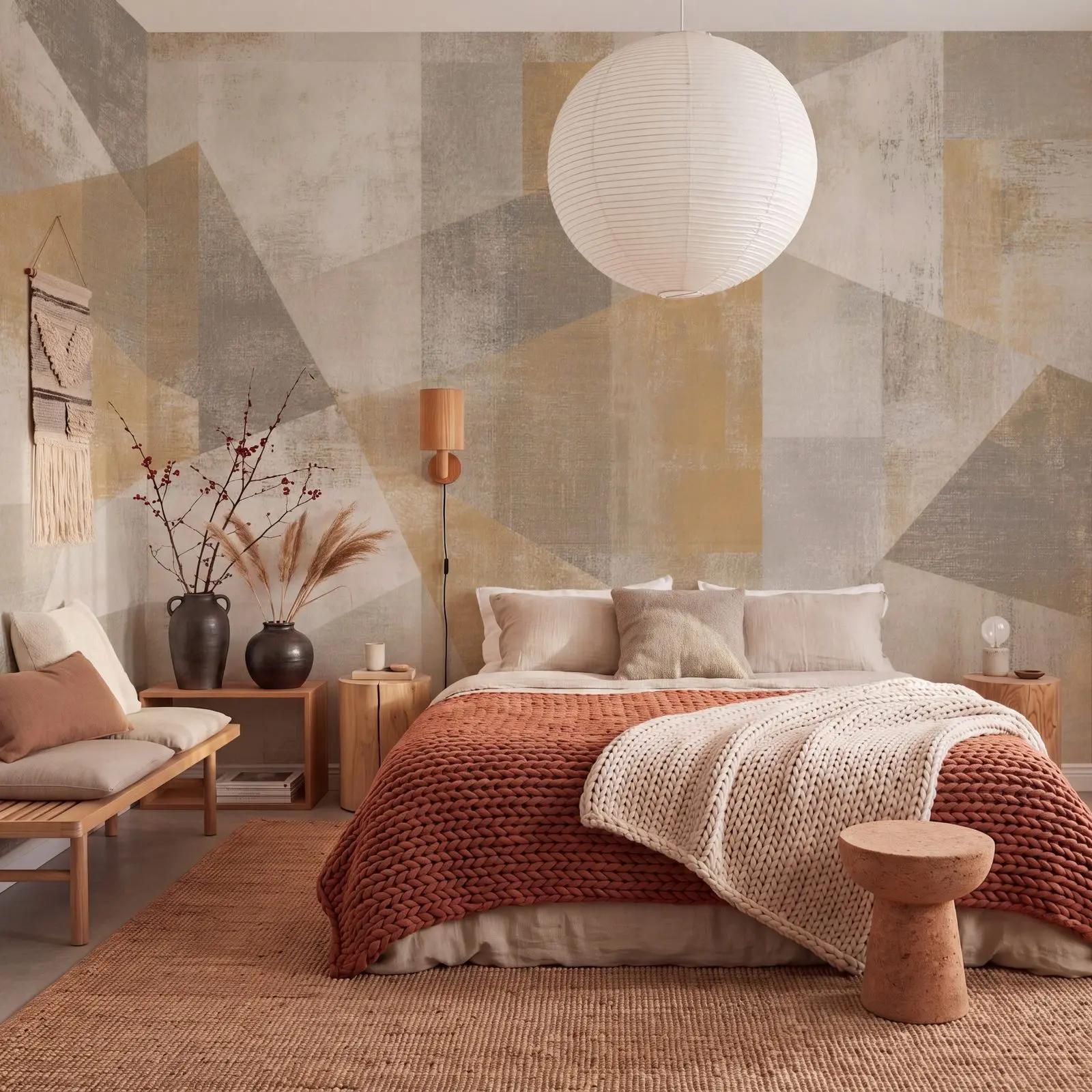 Cream Wallpaper Mural with Geometric Gold Shapes