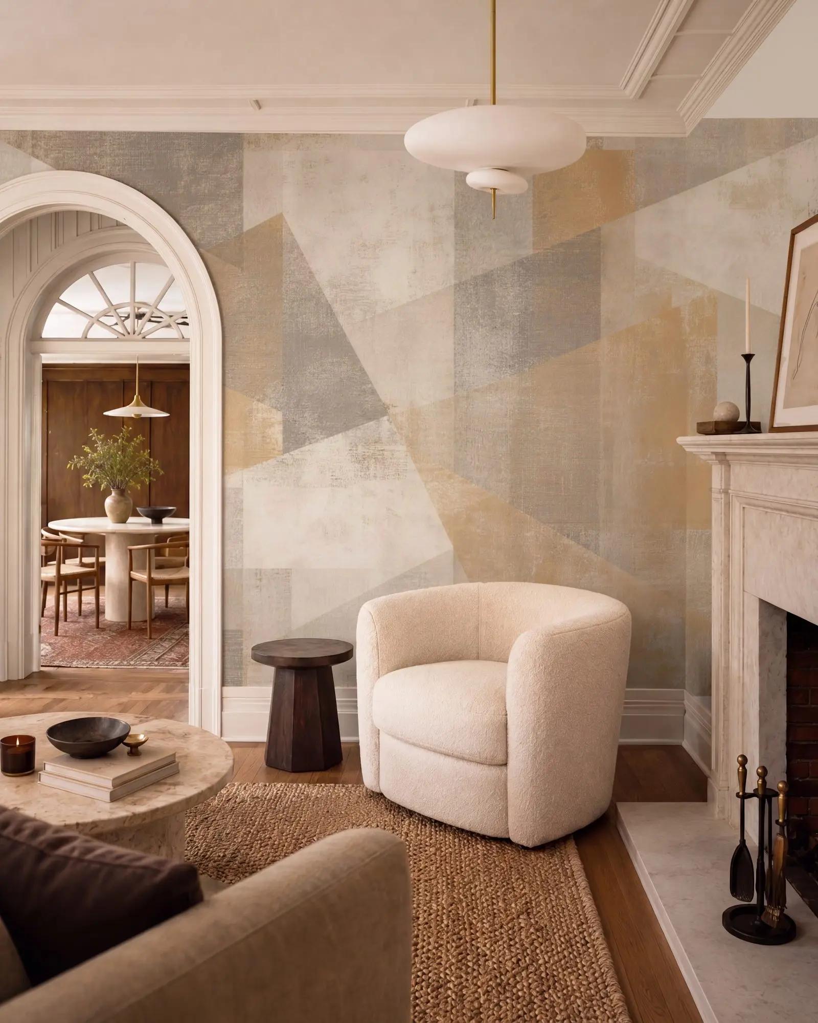 Cream Wallpaper Mural with Geometric Gold Shapes