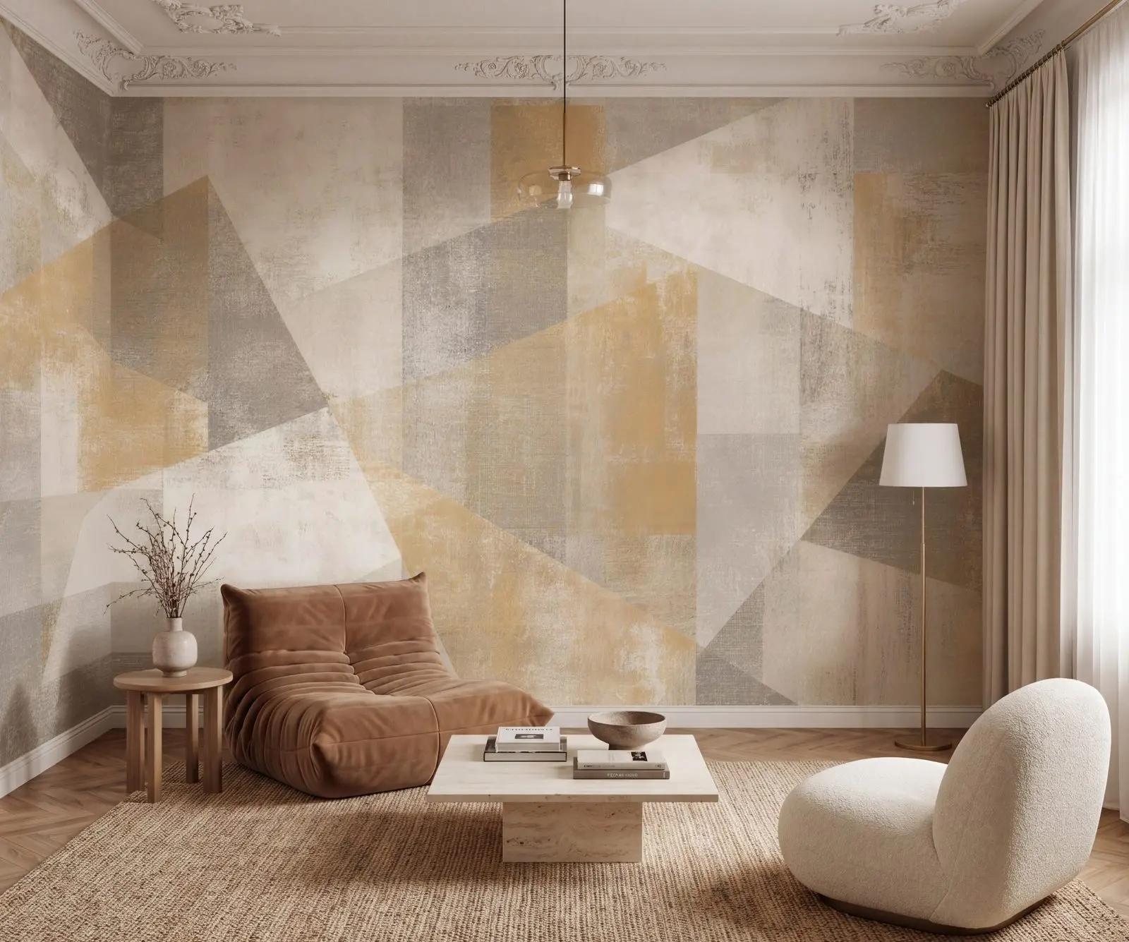 Cream Wallpaper Mural with Geometric Gold Shapes