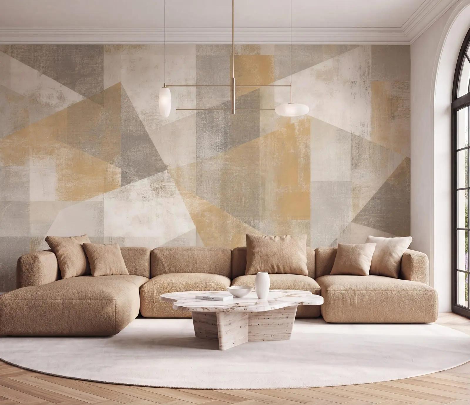 Cream Wallpaper Mural with Geometric Gold Shapes