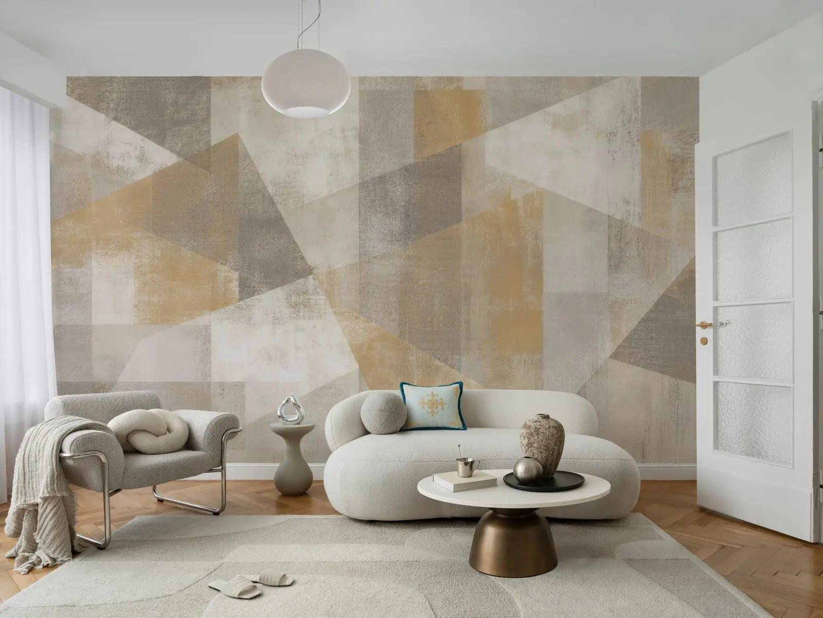 Cream Wallpaper Mural with Geometric Gold Shapes