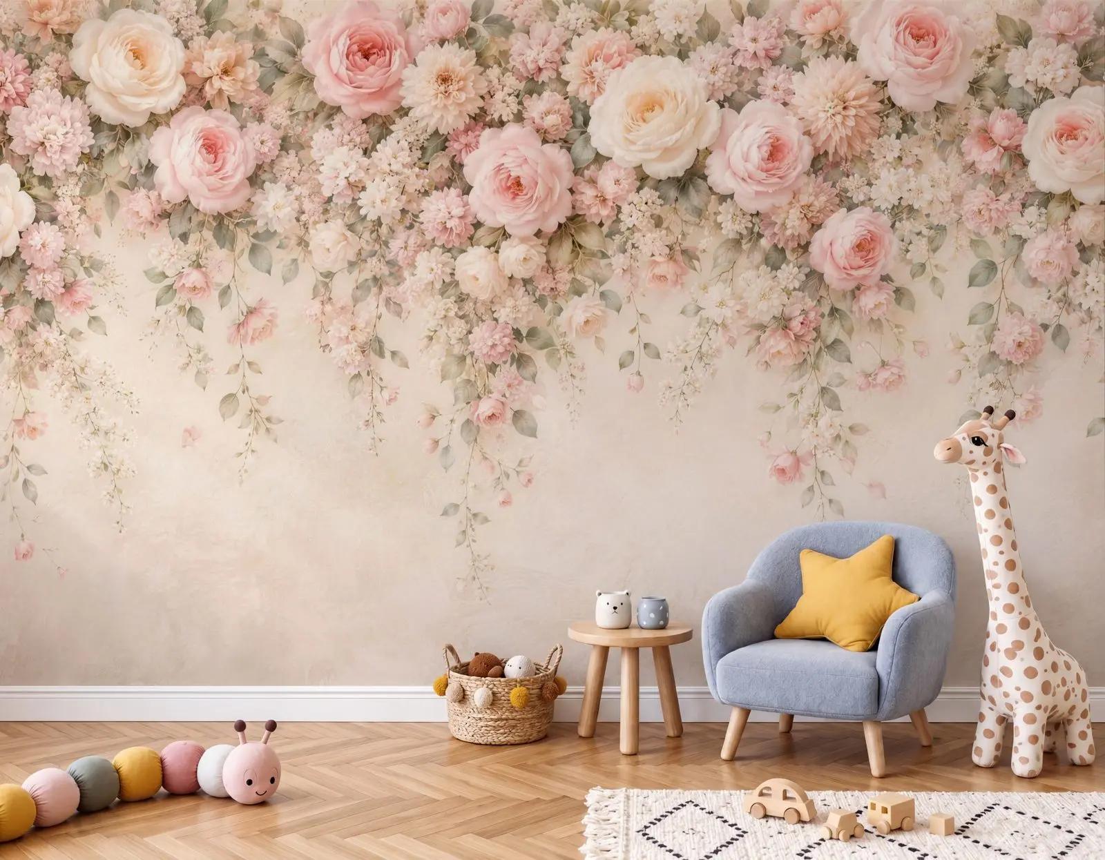 Dark Rose Wallpaper Mural with Blush Floral Canopy