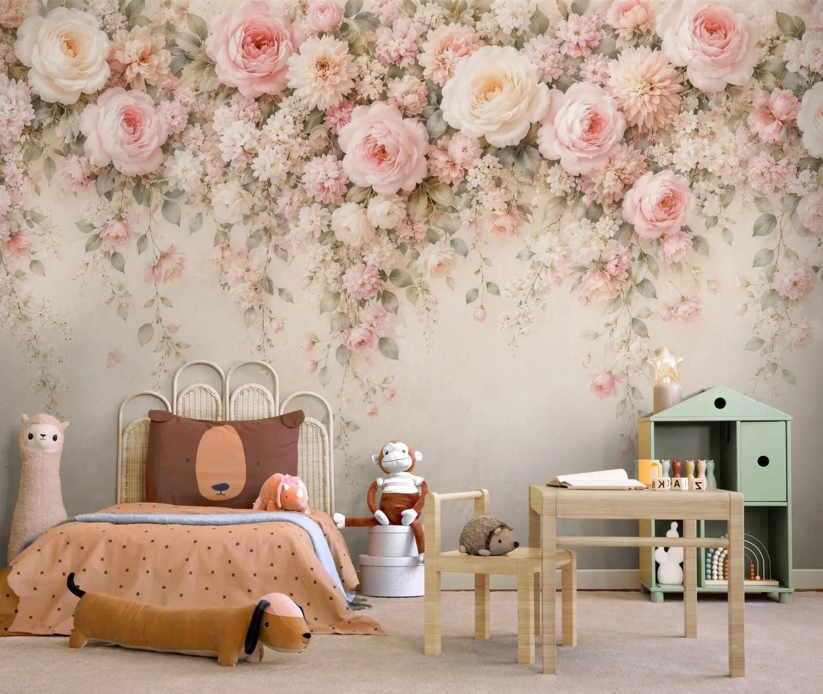 Dark Rose Wallpaper Mural with Blush Floral Canopy