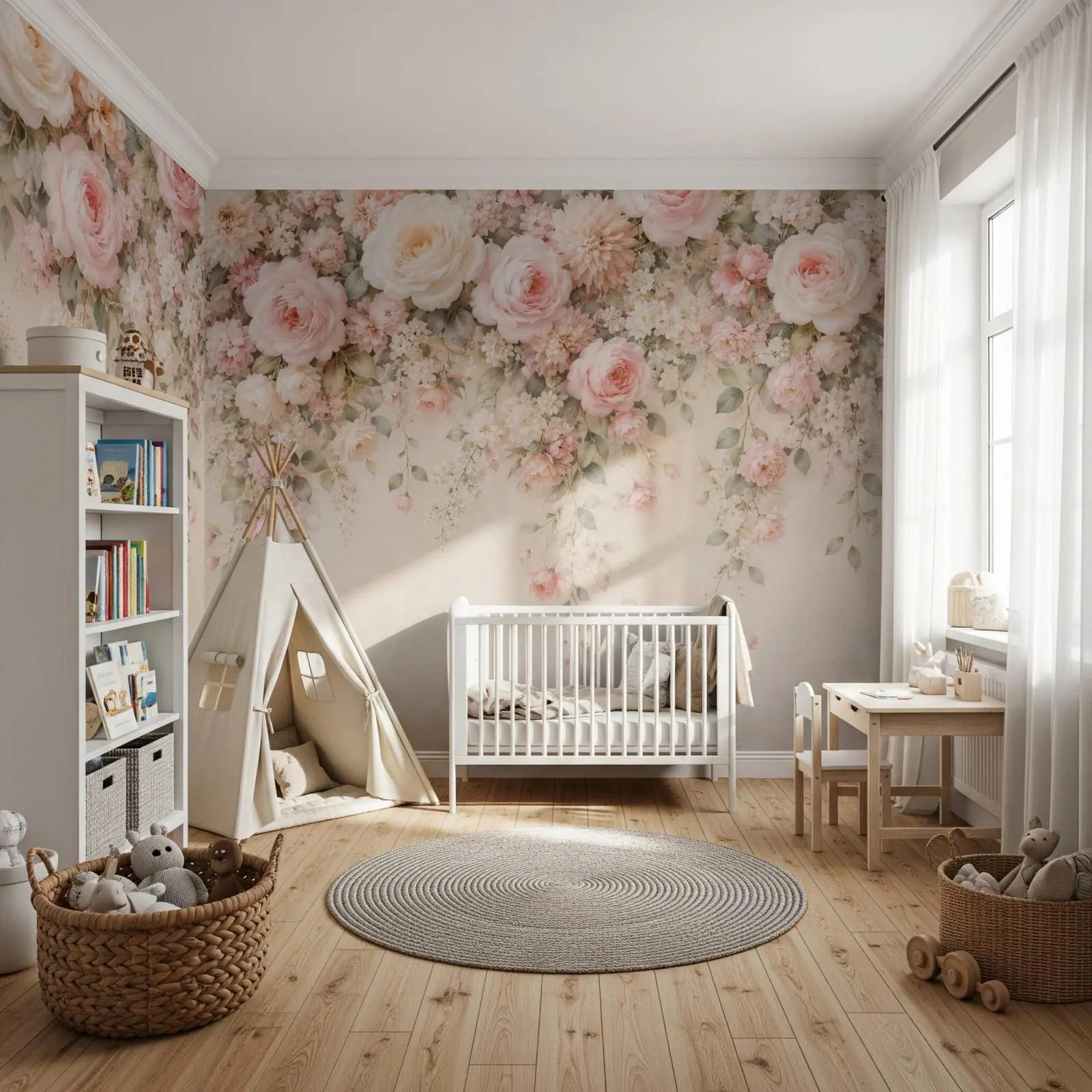 Dark Rose Wallpaper Mural with Blush Floral Canopy