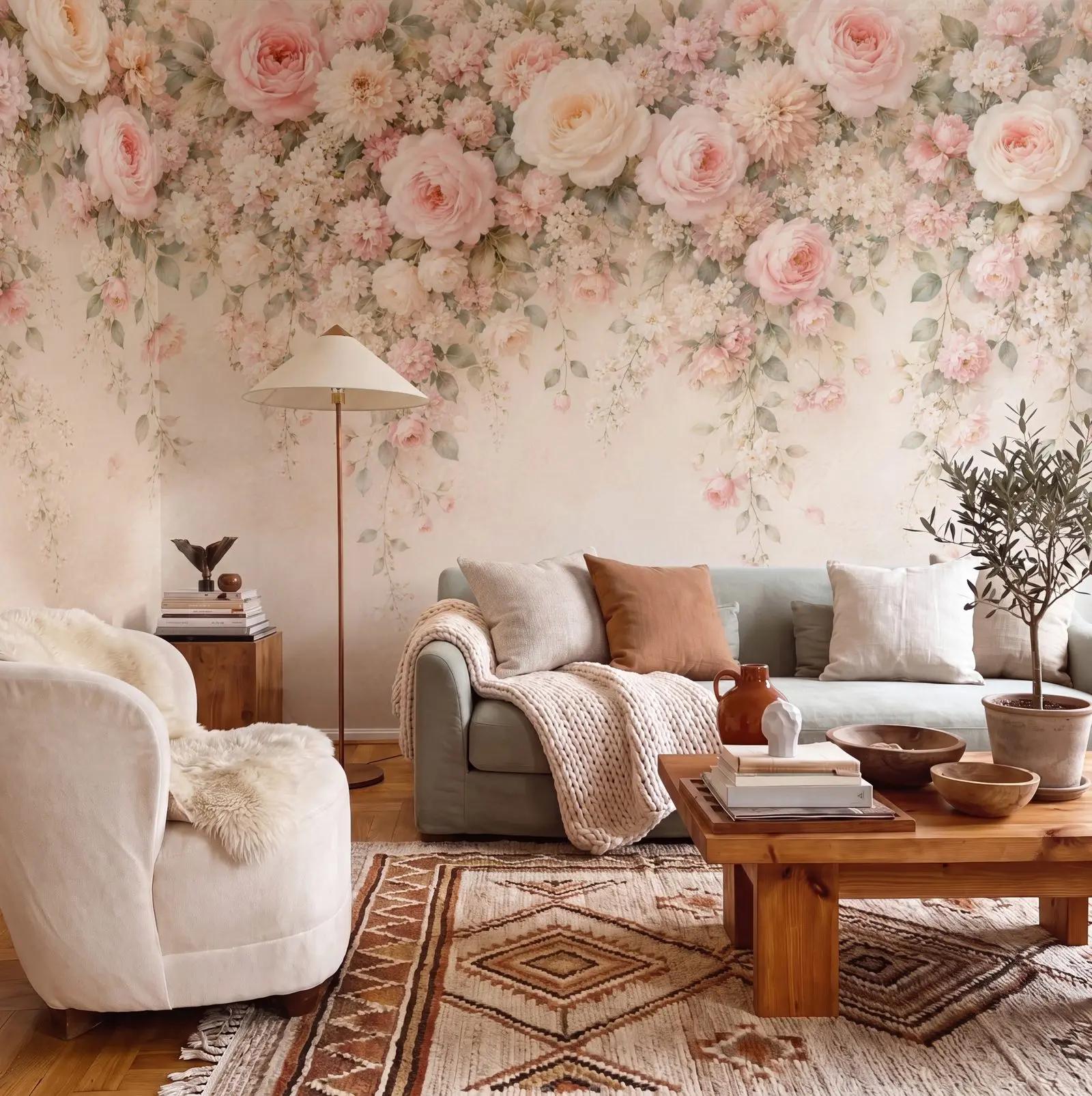 Dark Rose Wallpaper Mural with Blush Floral Canopy