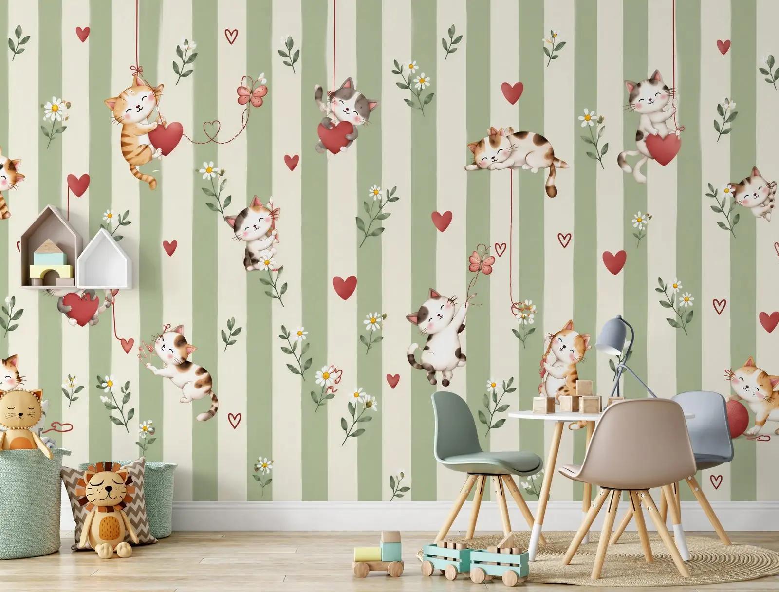 Cute Floral Wallpaper Mural with Kittens