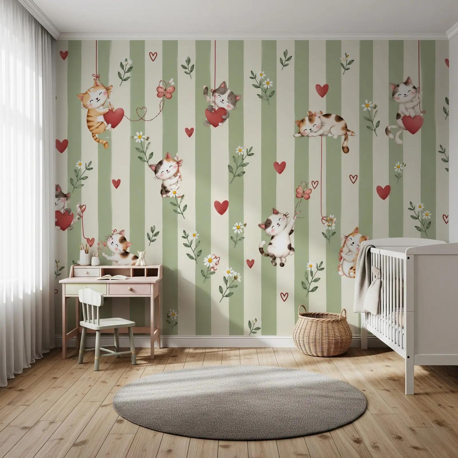 Cute Floral Wallpaper Mural with Kittens | Wallhue