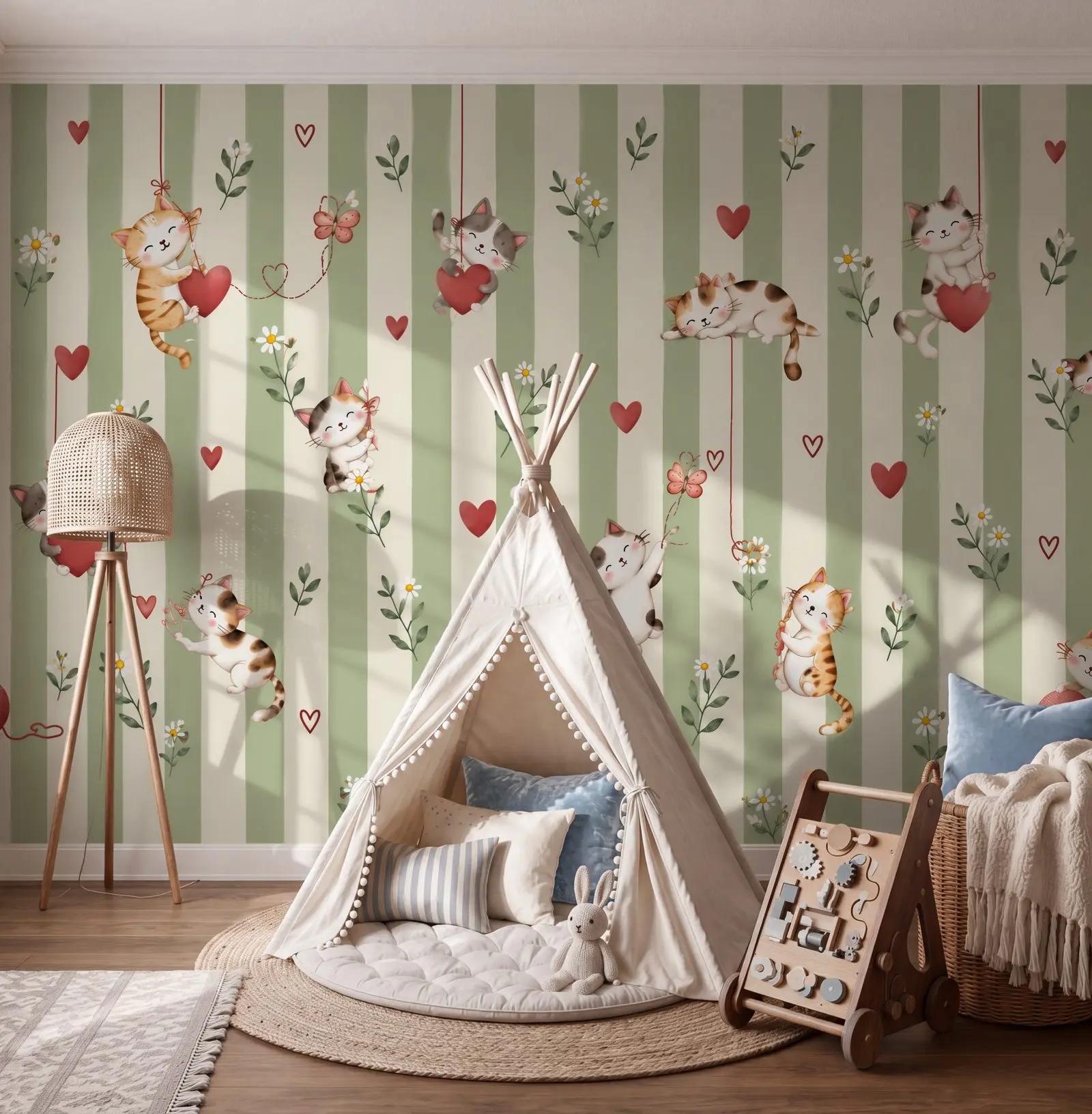 Cute Floral Wallpaper Mural with Kittens | Wallhue