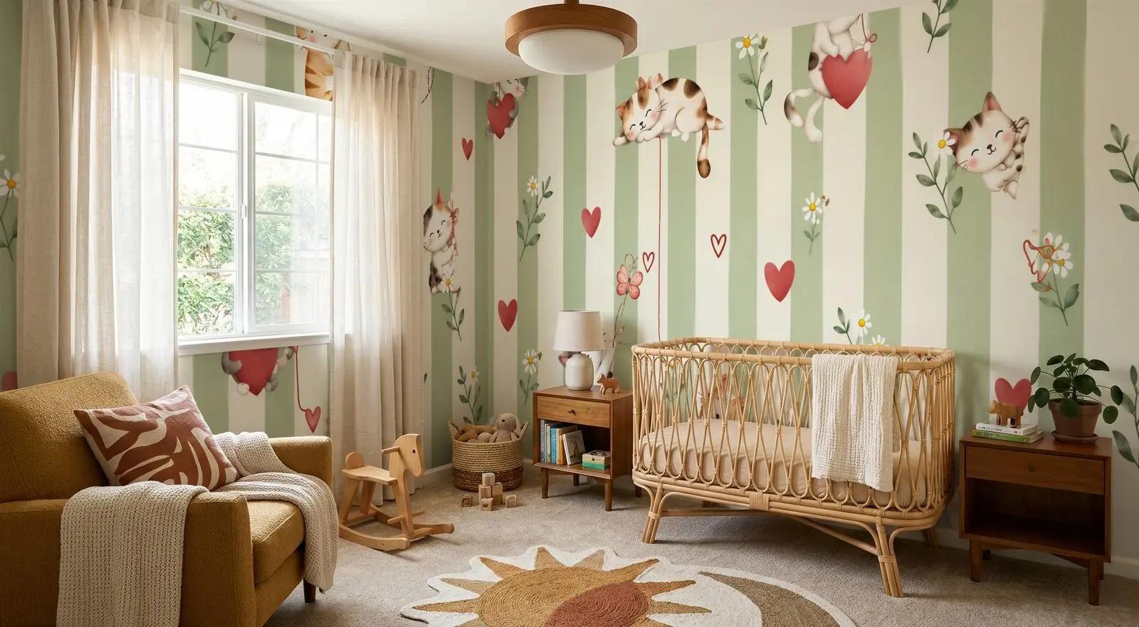 Cute Floral Wallpaper Mural with Kittens