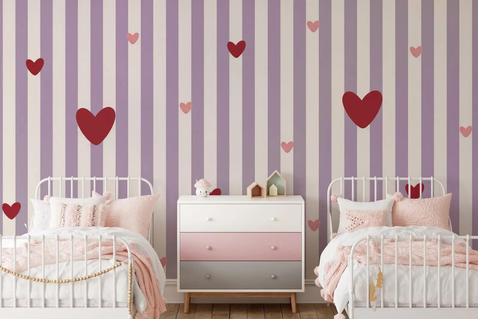 Pink Heart Stripe Wallpaper Mural