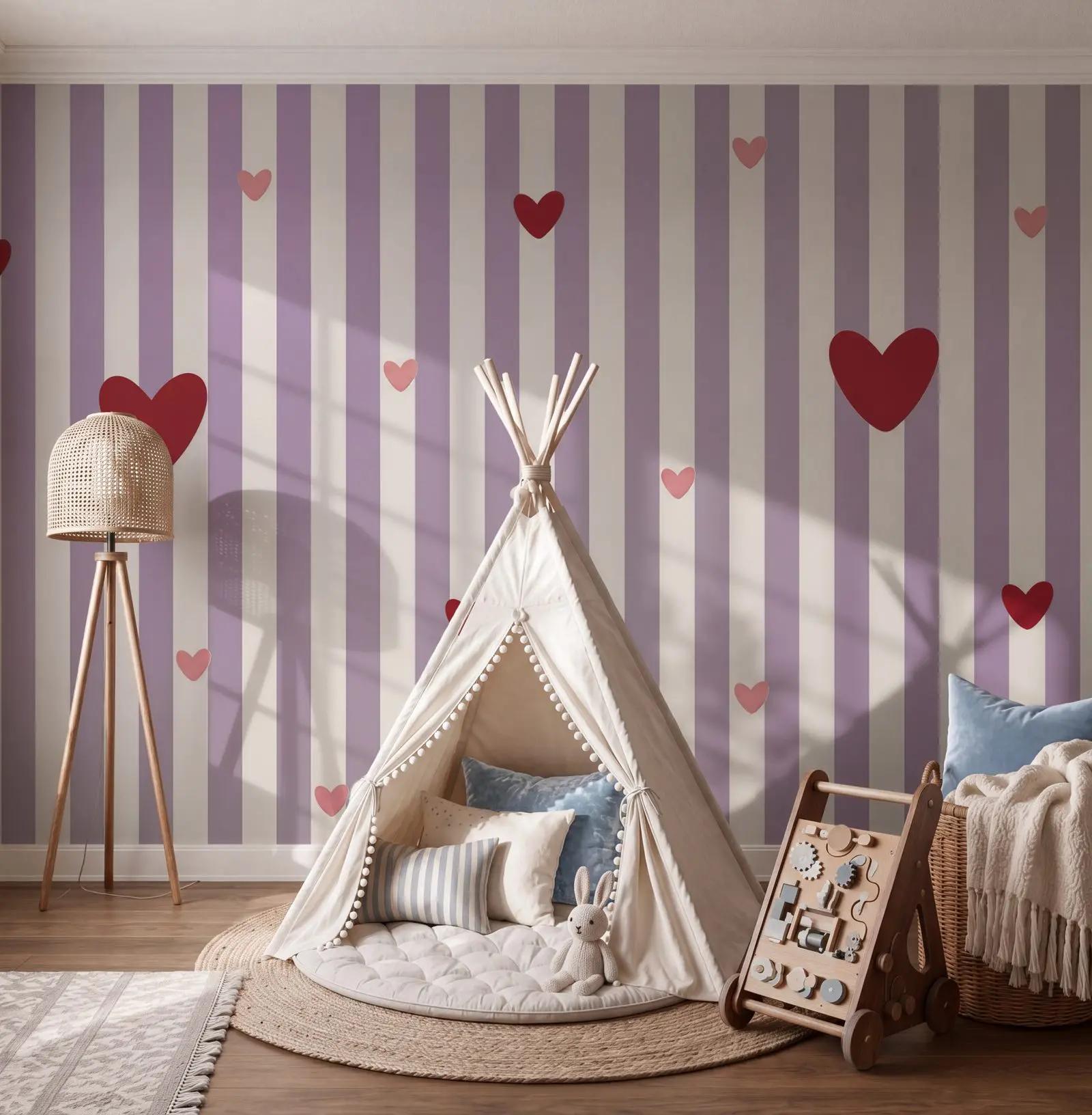 Pink Heart Stripe Wallpaper Mural