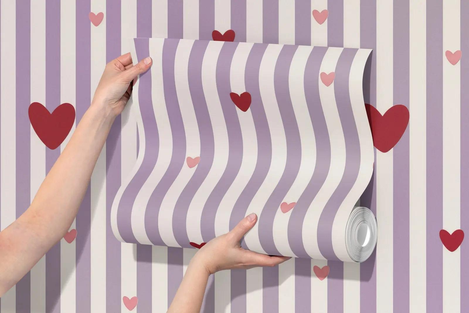 Pink Heart Stripe Wallpaper Mural
