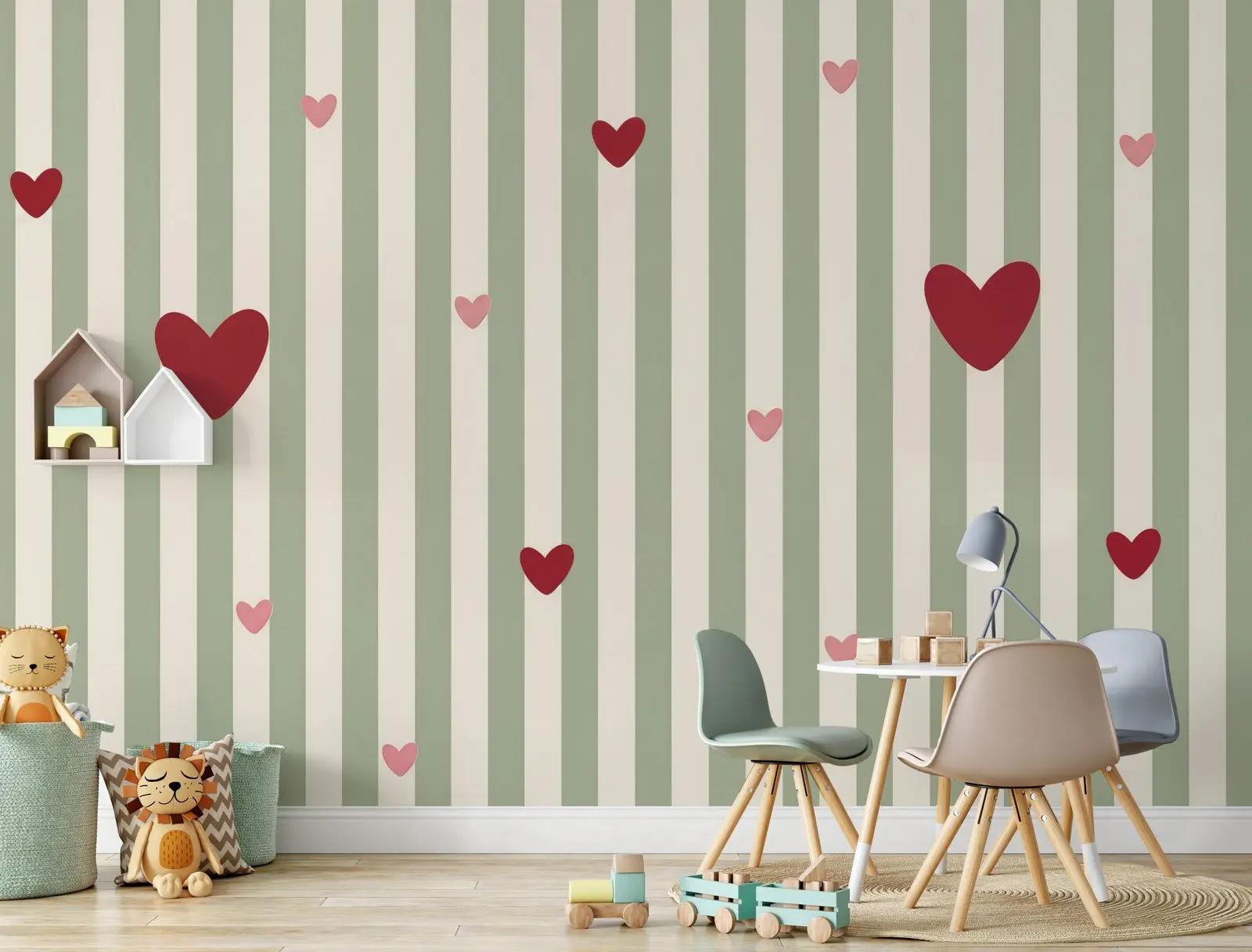 Sage Green Heart Stripe Wallpaper Mural